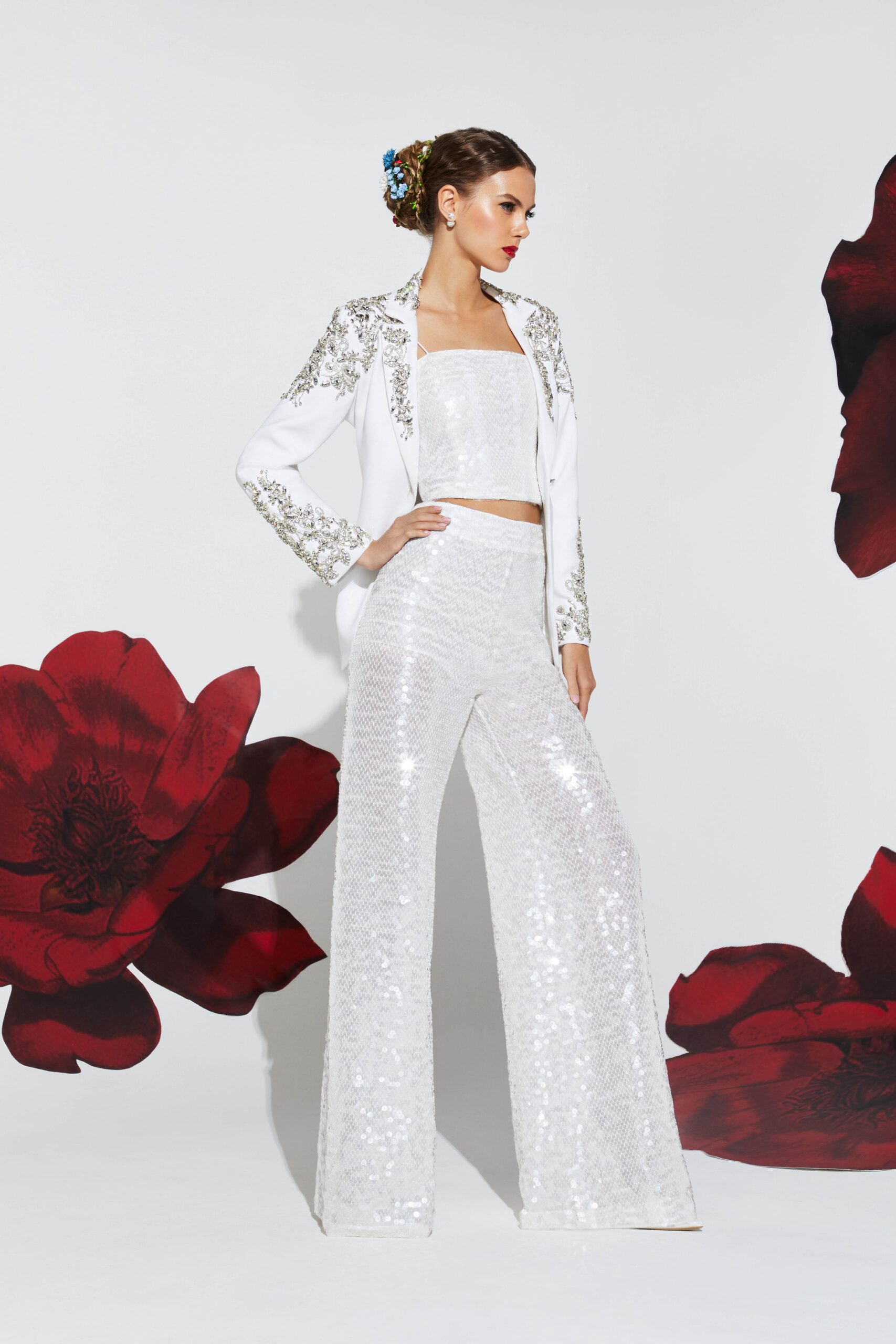 white embellished blazer and sequined pants