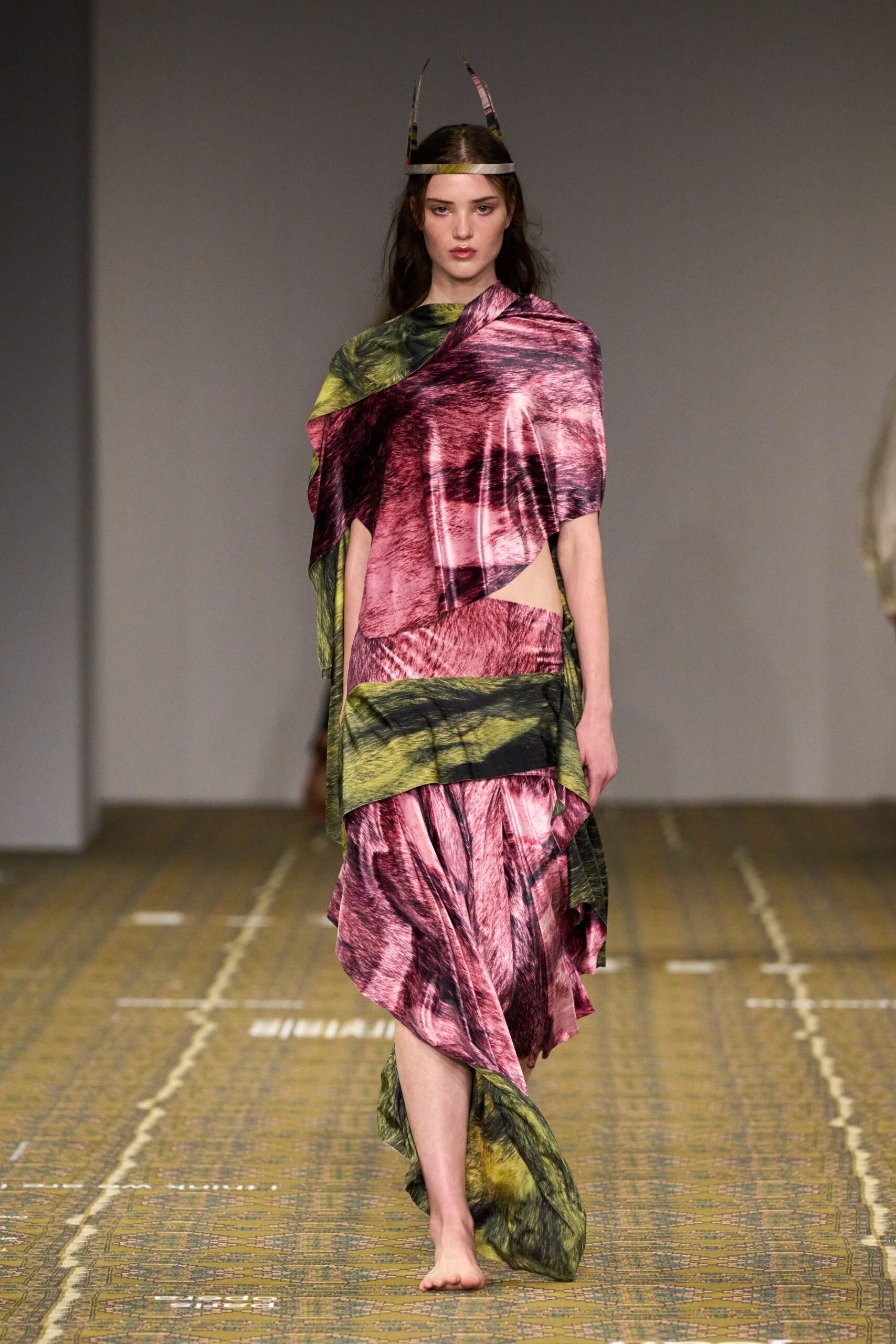 pink silk short-sleeve high-neck relaxed layered draped dress