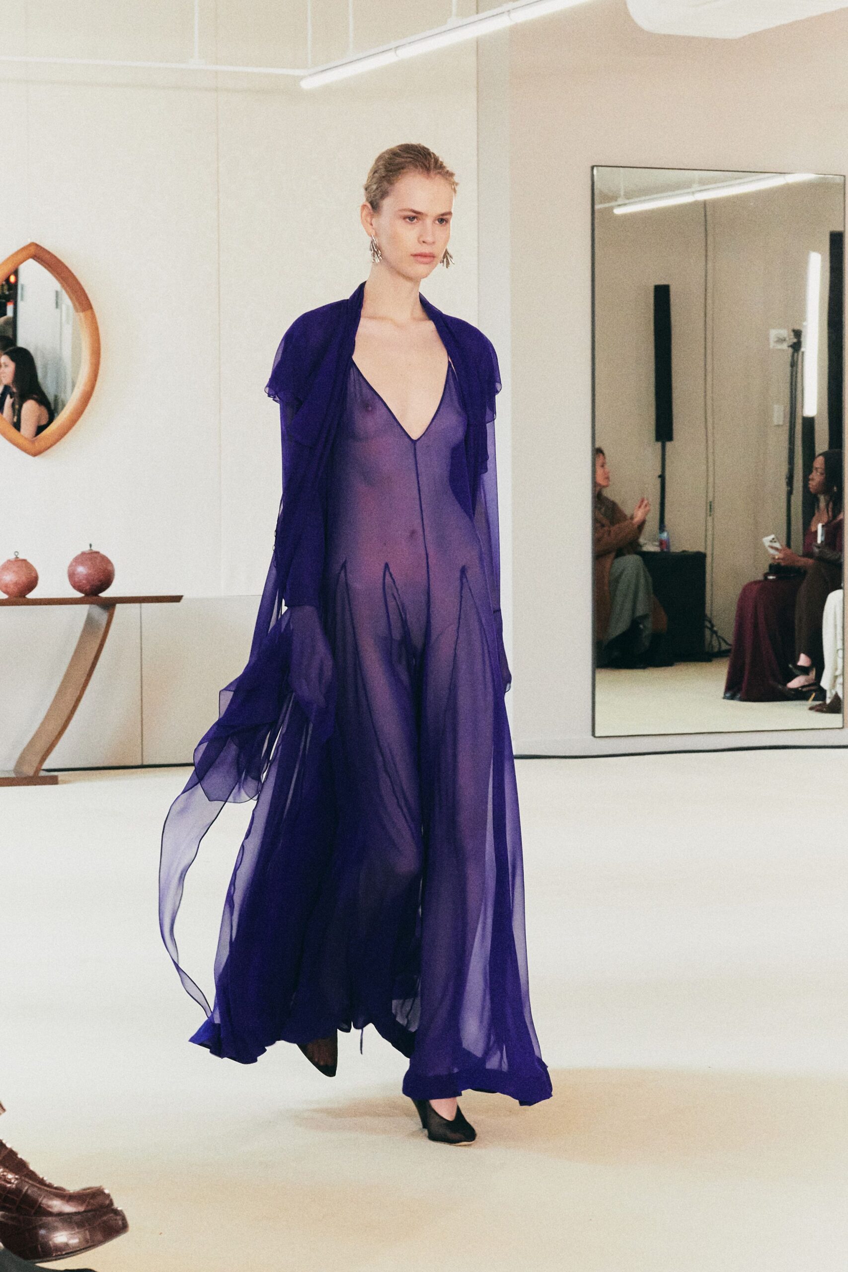 purple chiffon sleeveless v-neck fitted flowing sheer gown