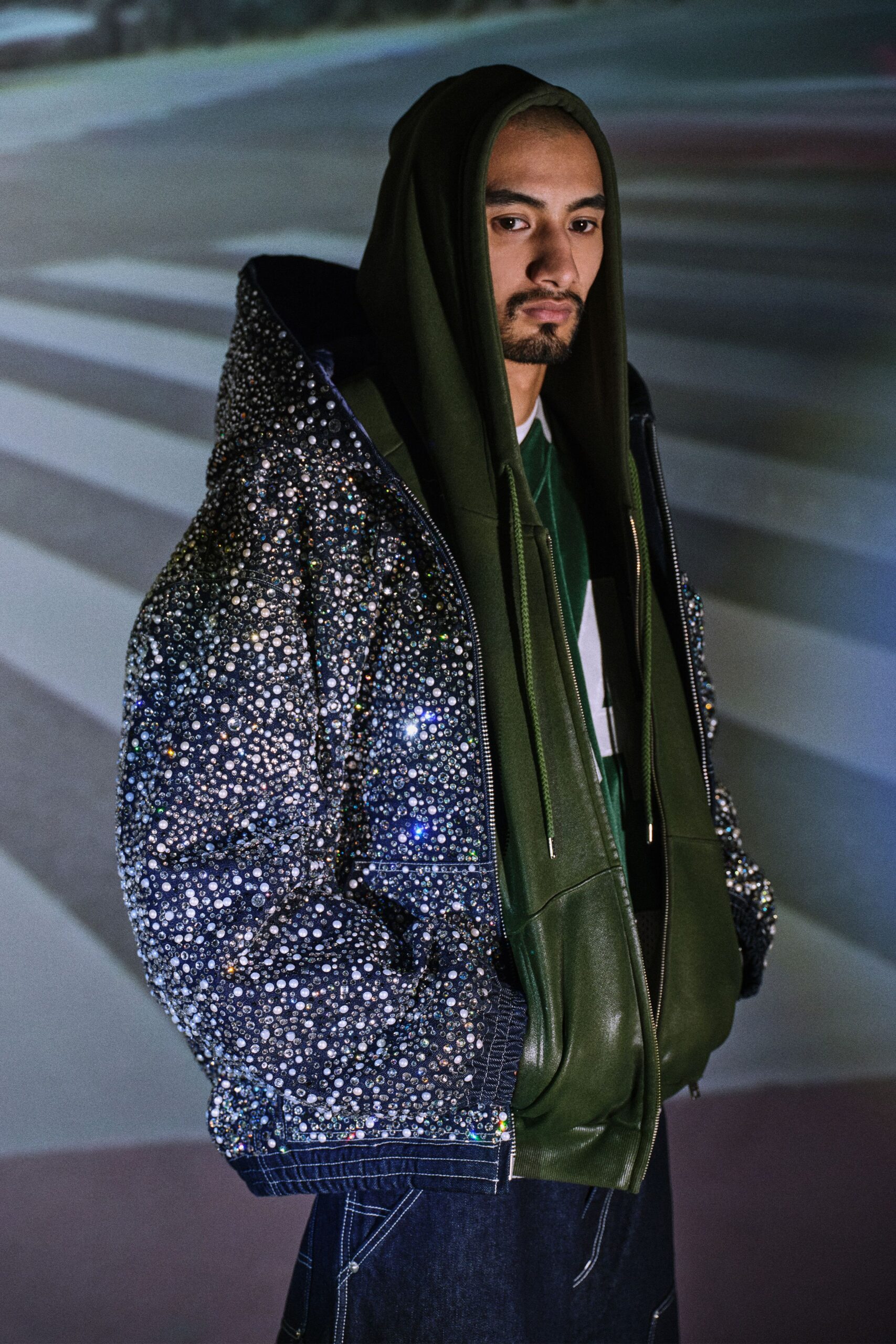 green denim hooded oversized beaded shiny jacket