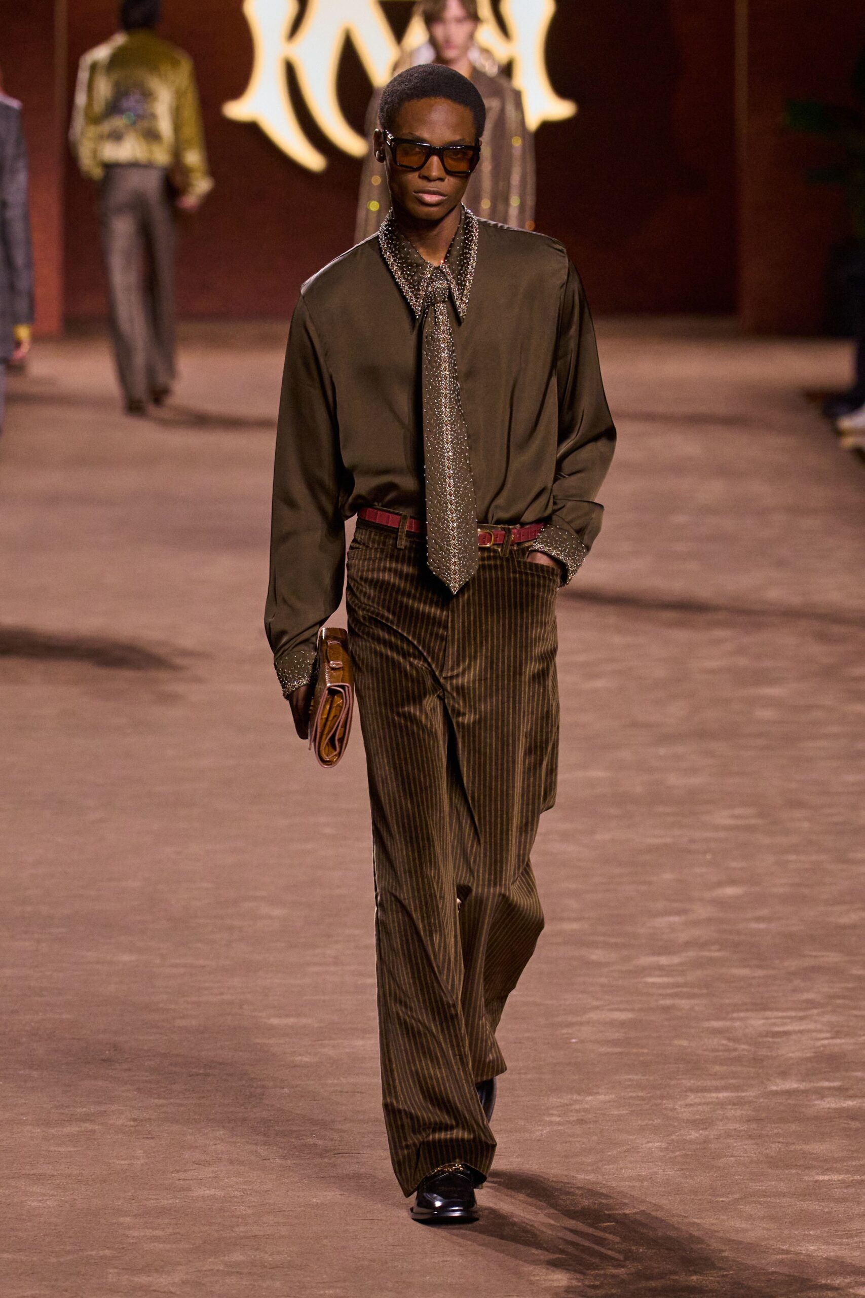 brown cotton tailored pleated straight-leg pants