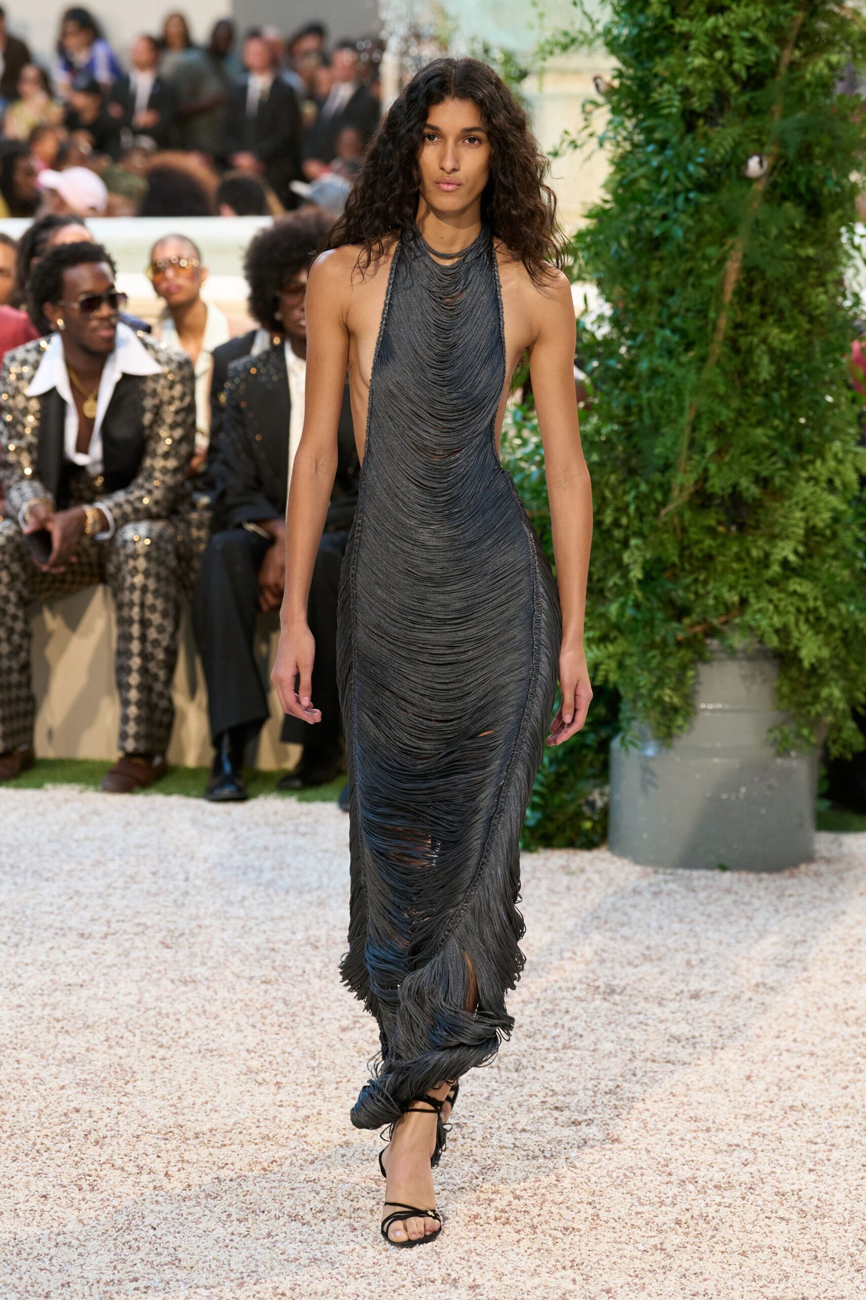 gray mesh halter sleeveless fitted ruched draped gown