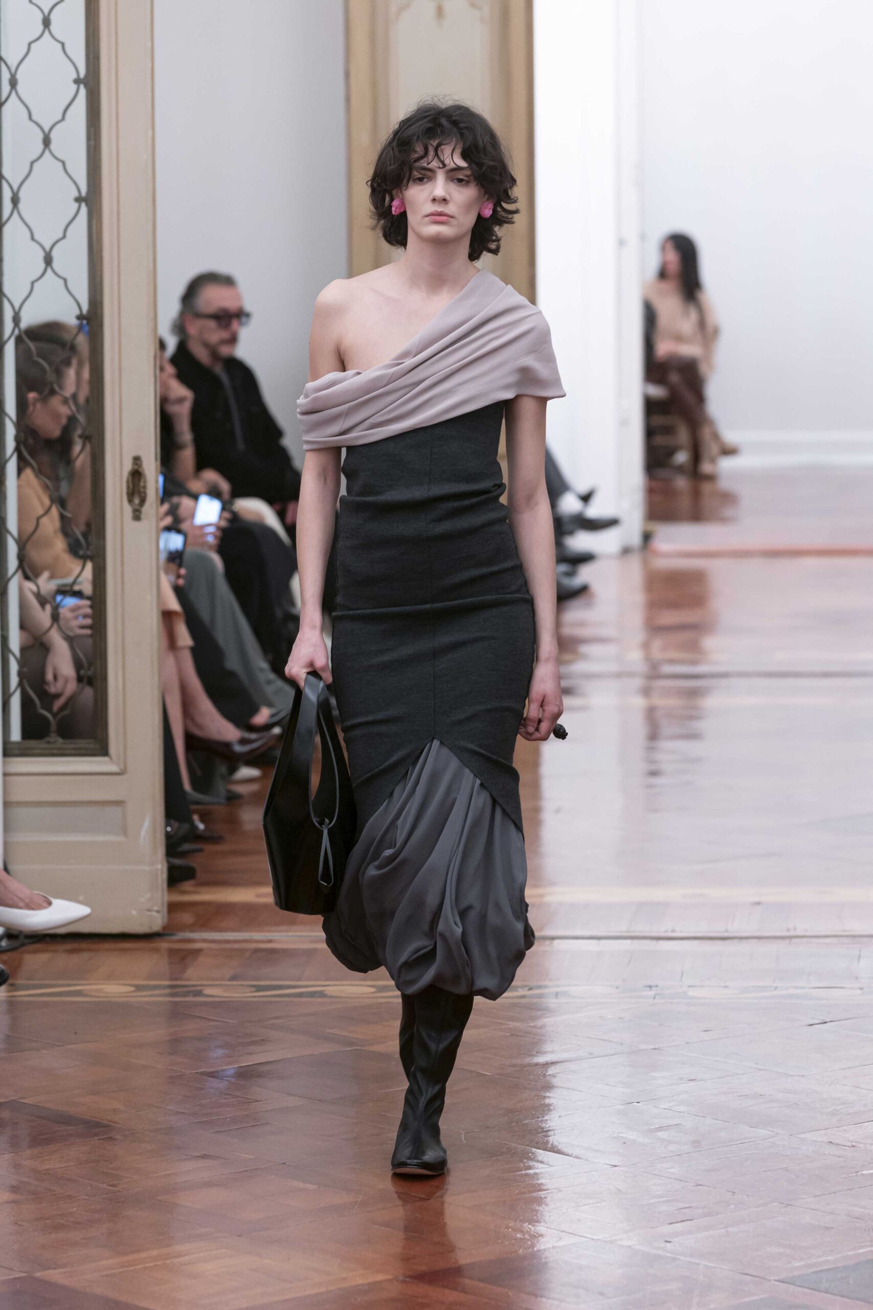 asymmetric black midi dress