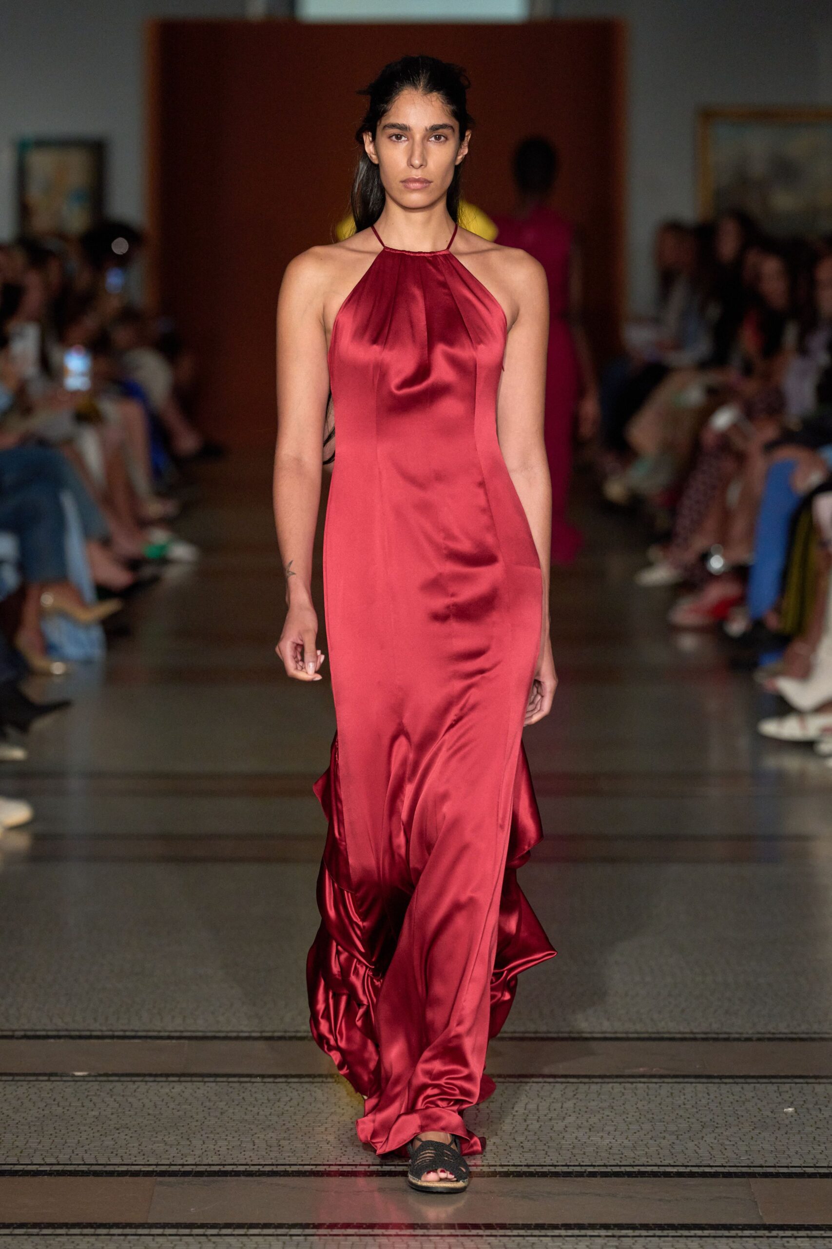 red silk halter gown