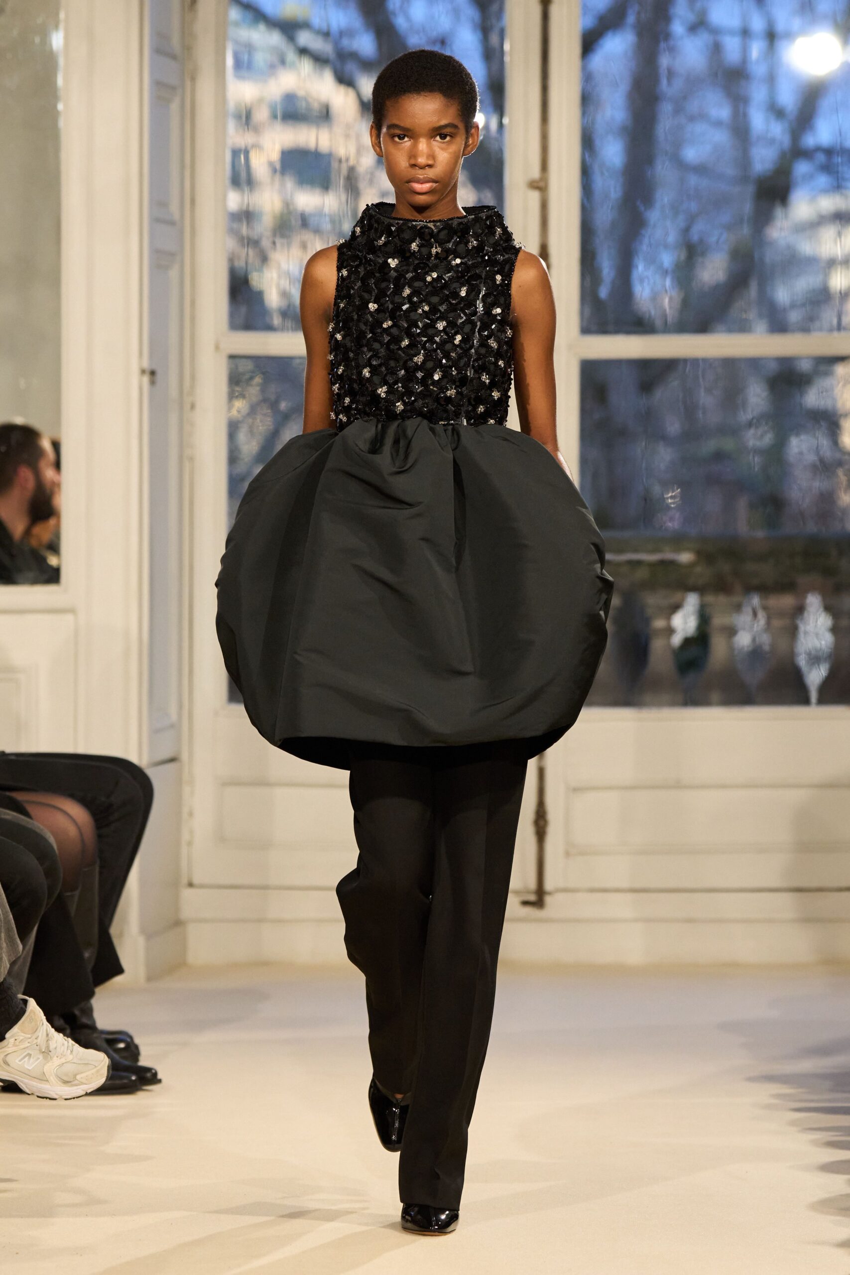 black silk sleeveless high-neck fitted beaded top