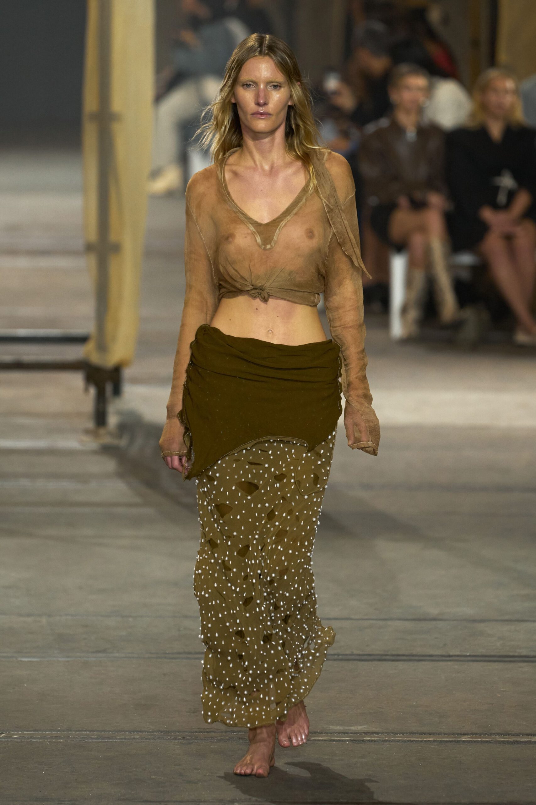 brown silk sleeveless v-neck fitted ruched sheer top