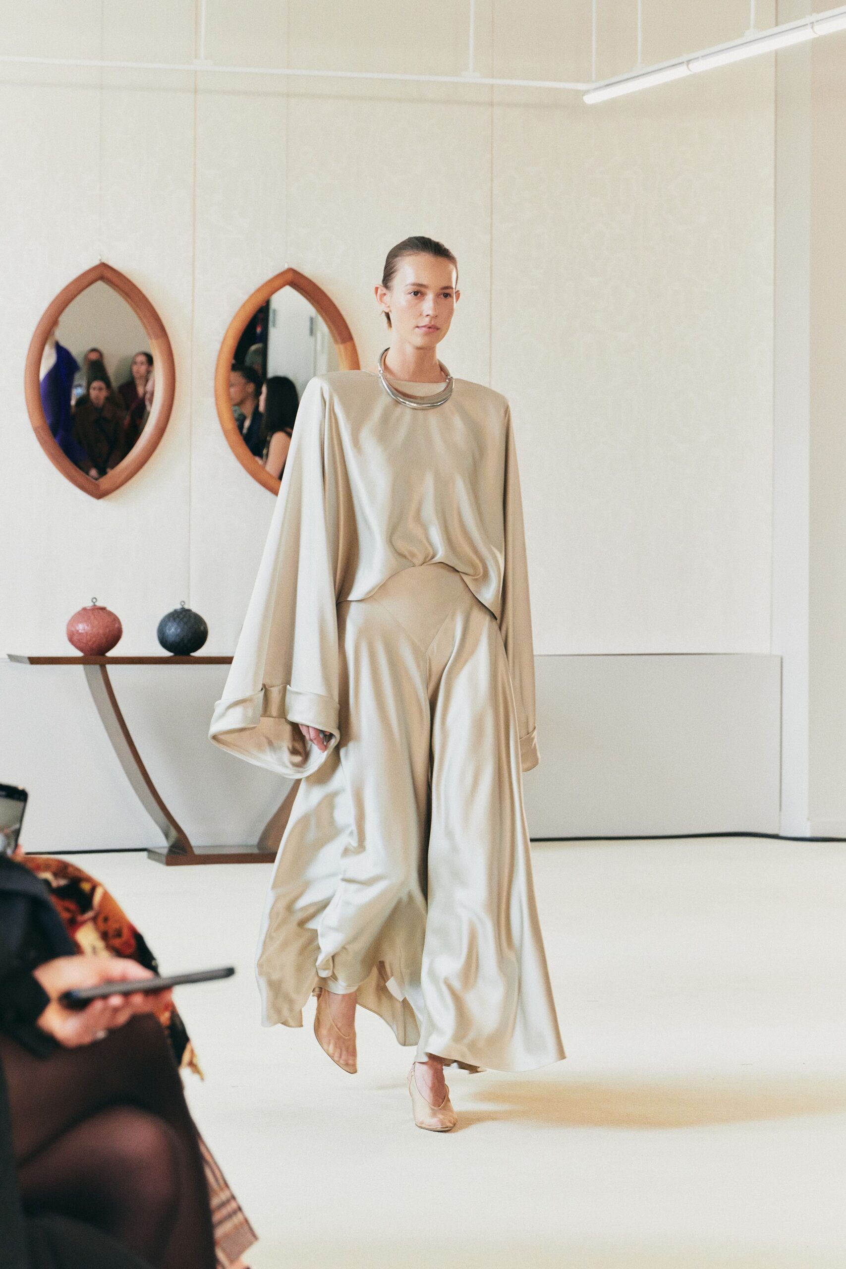 beige silk long-sleeve high-neck relaxed draped flowing dress