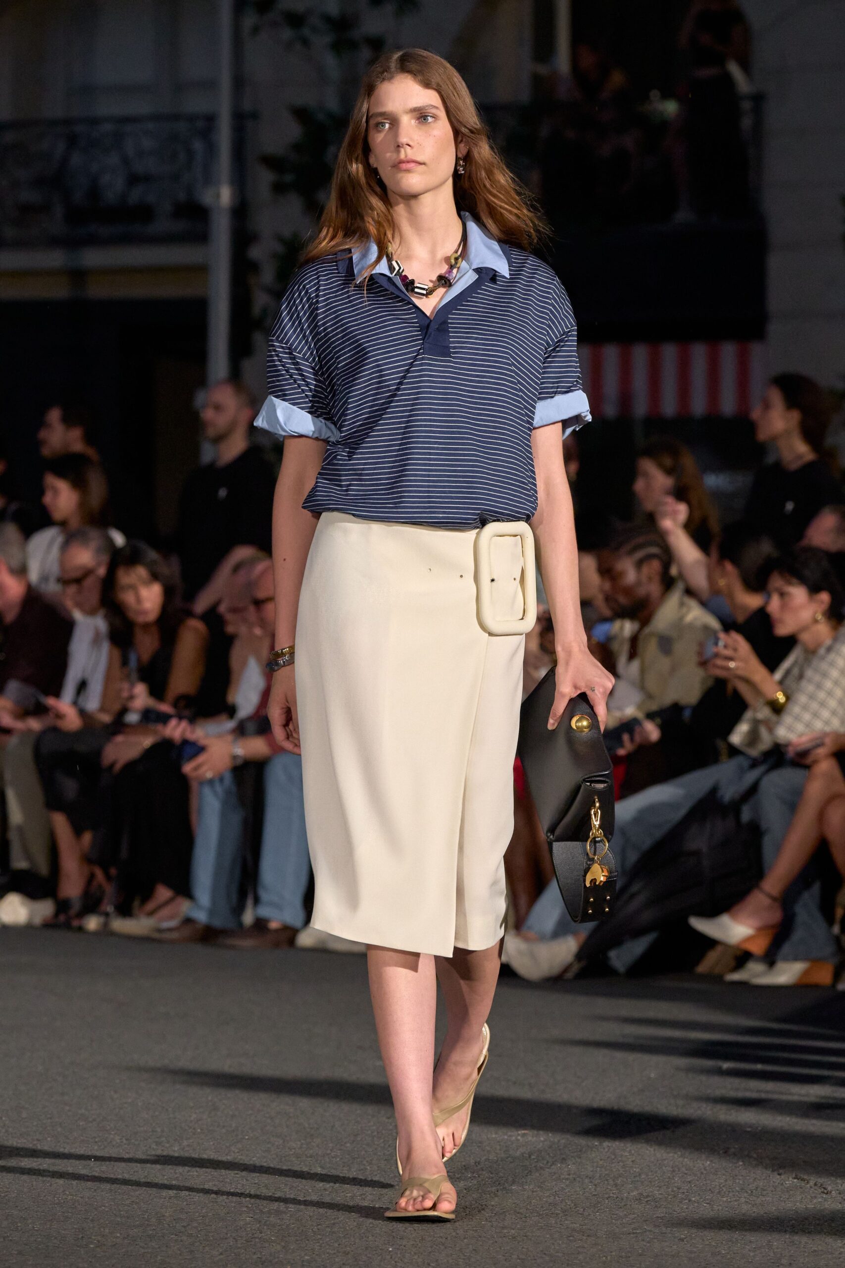 blue cotton short-sleeve collared oversized striped shirt
