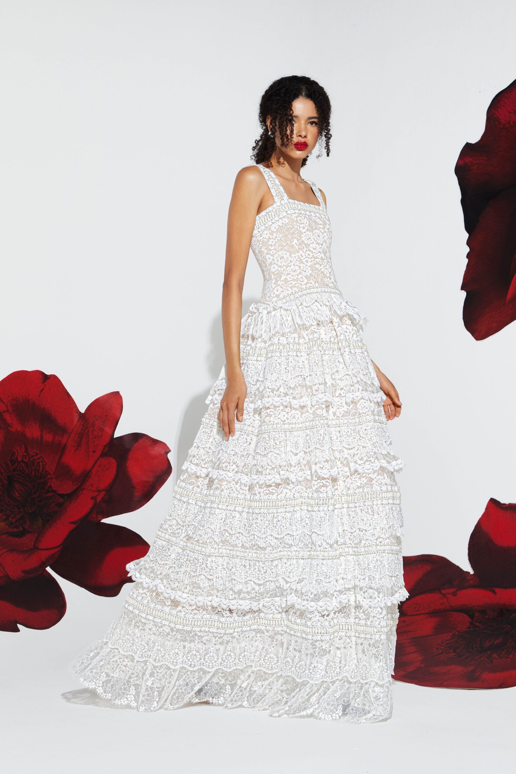 white lace sleeveless gown