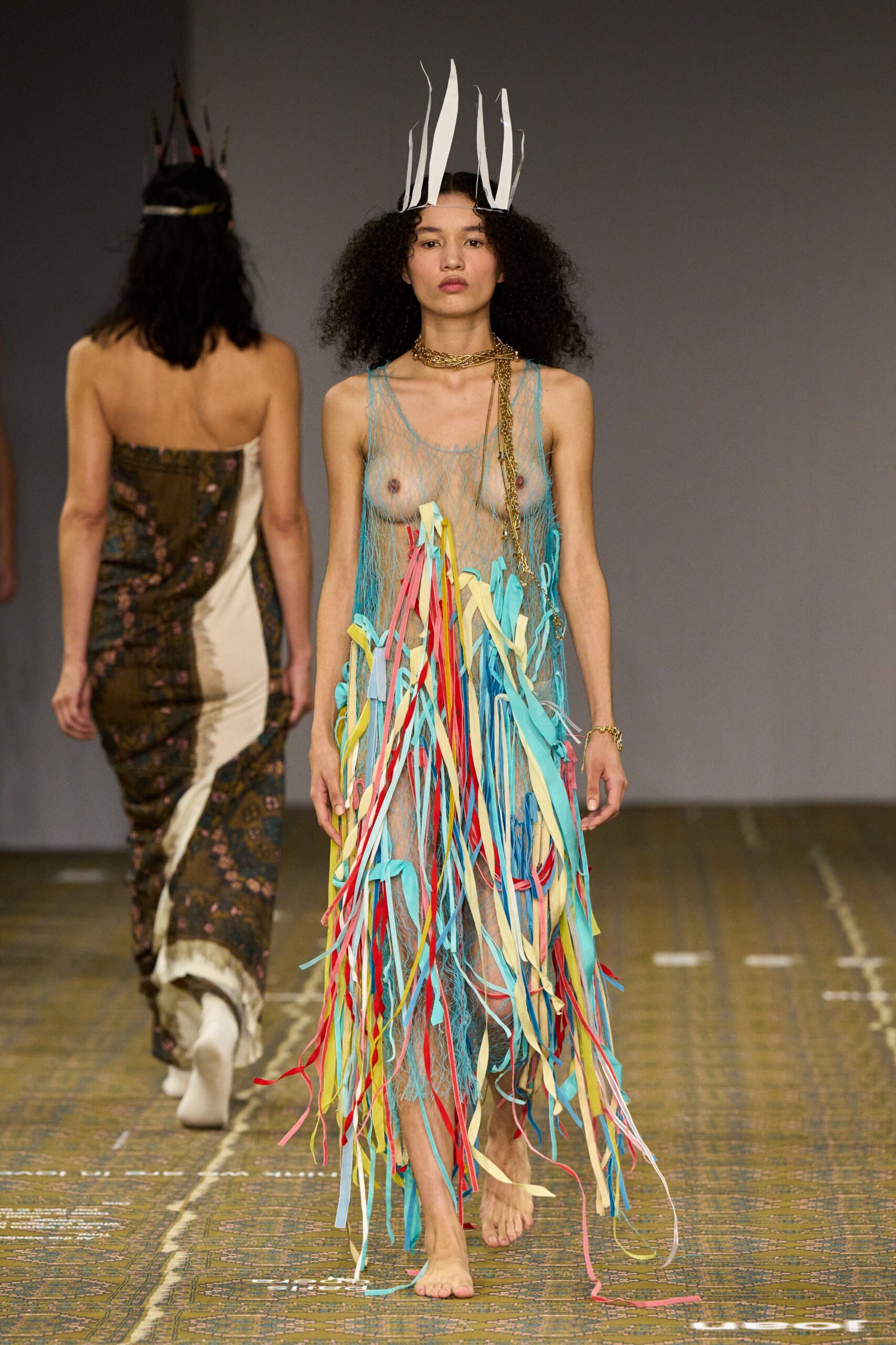 blue mesh sleeveless scoop-neck relaxed fringed layered dress