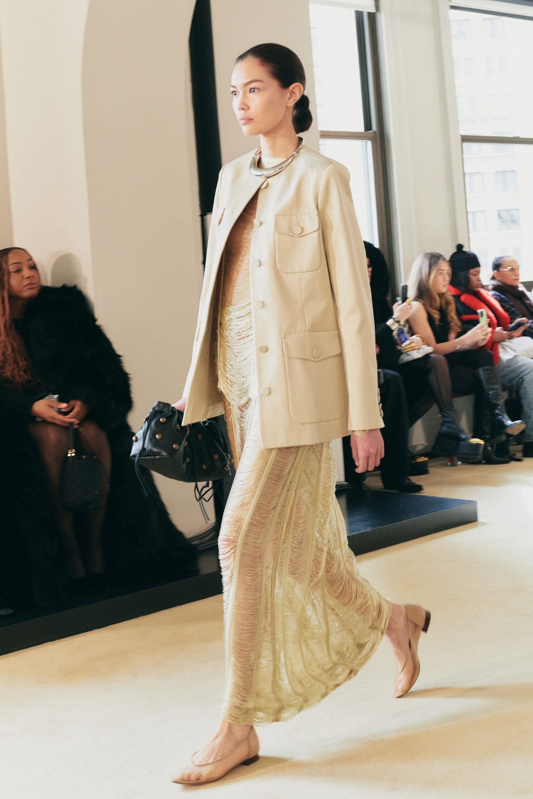 beige blazer gold ruched dress