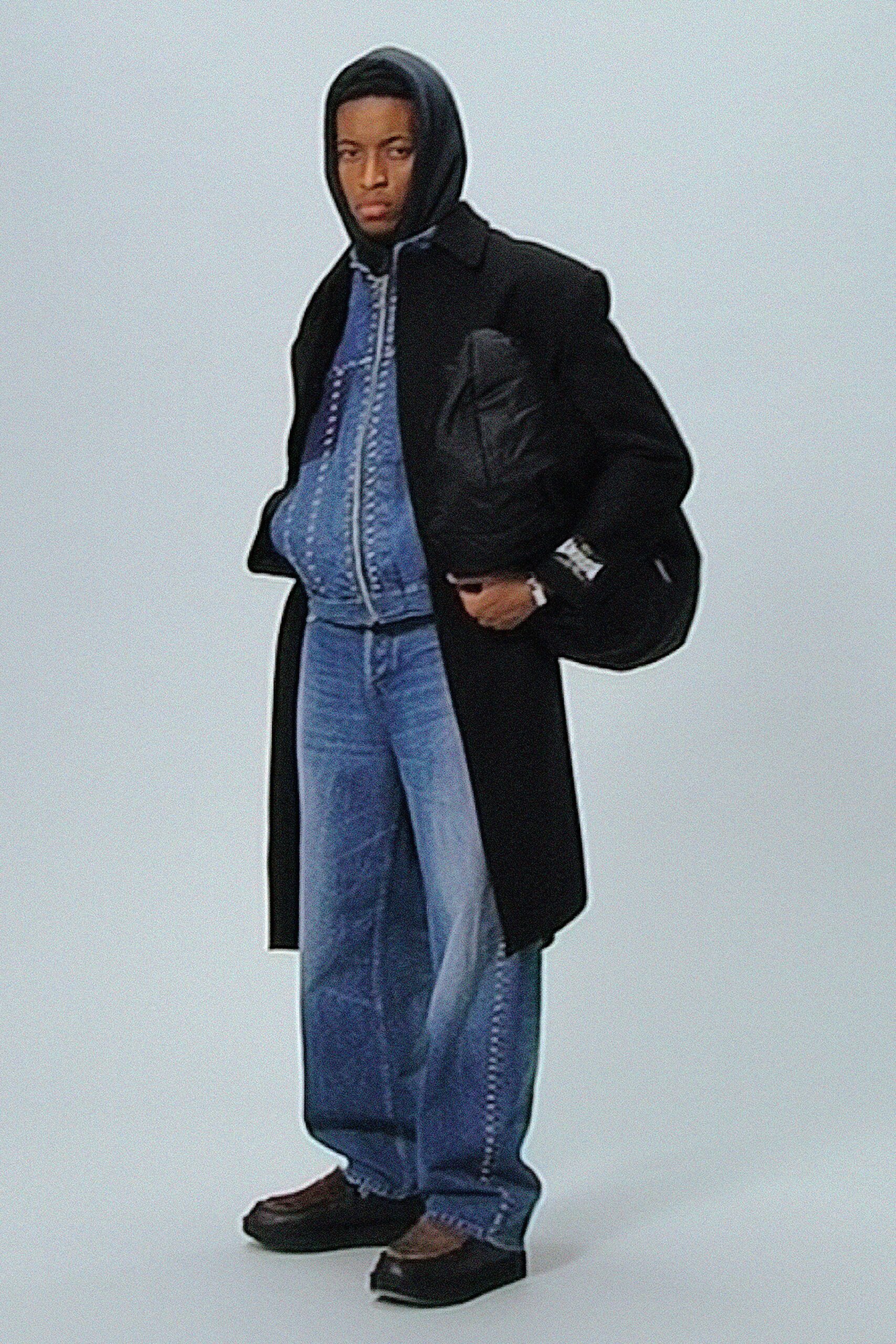 black coat gray hoodie denim outfit