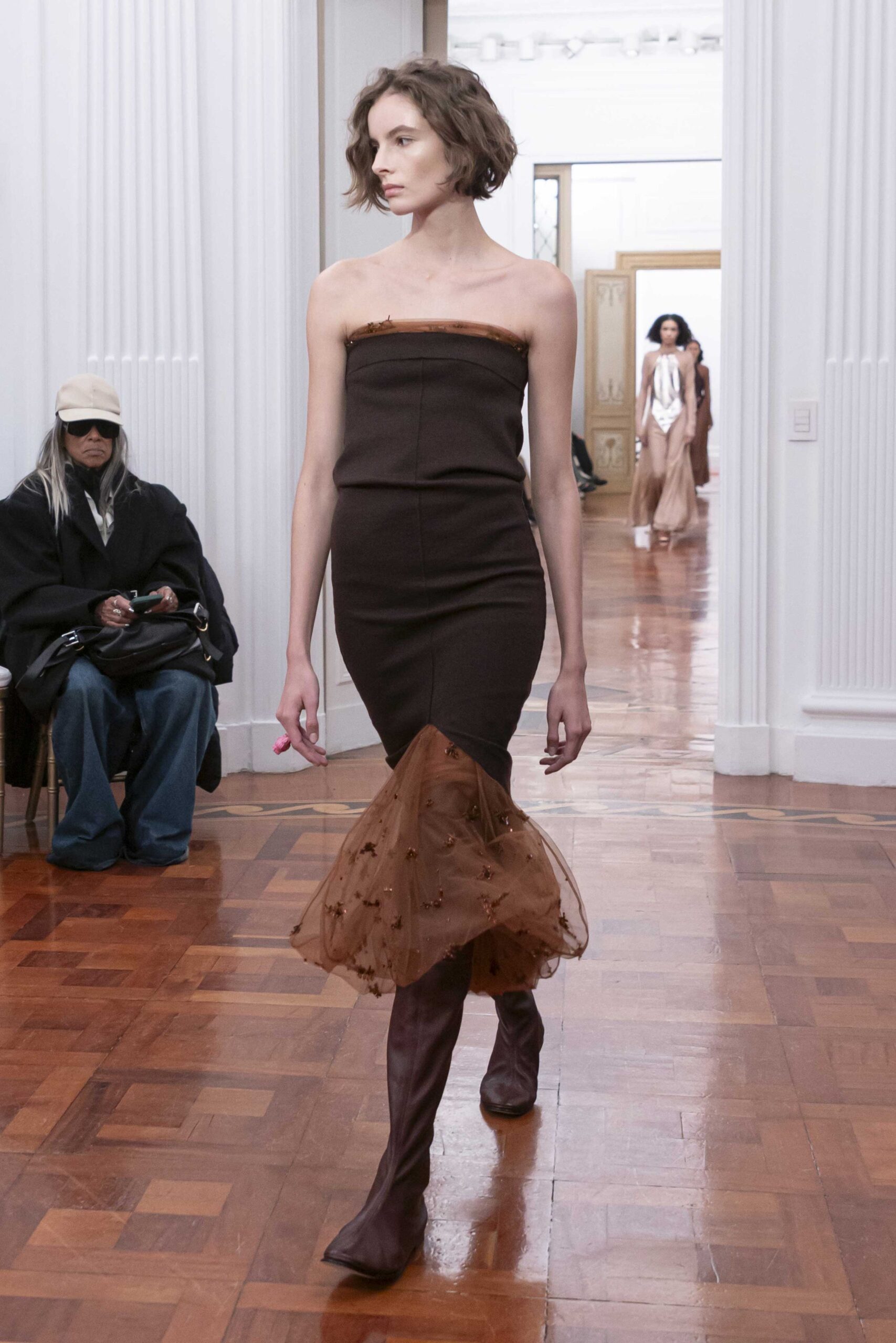 brown silk strapless fitted tiered midi dress