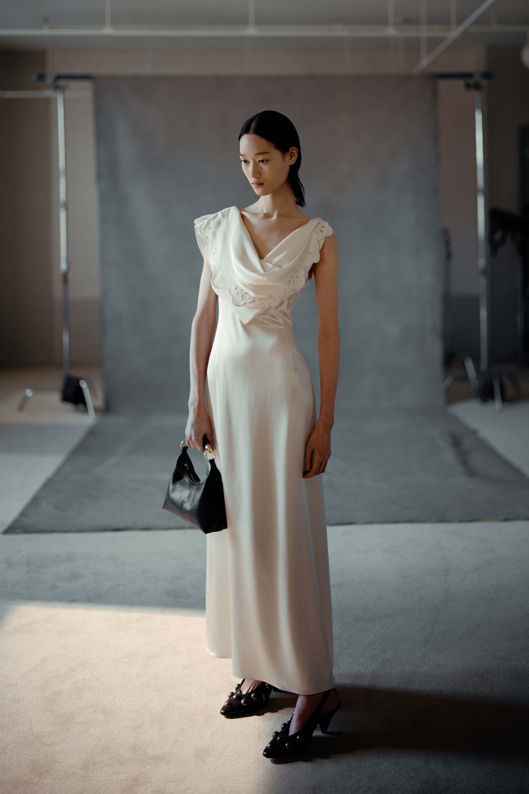 white silk fitted gown