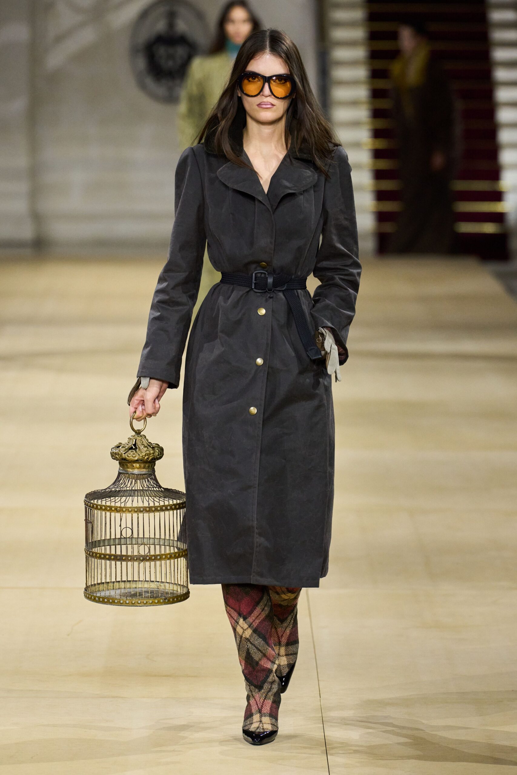 black belted coat with checked pants