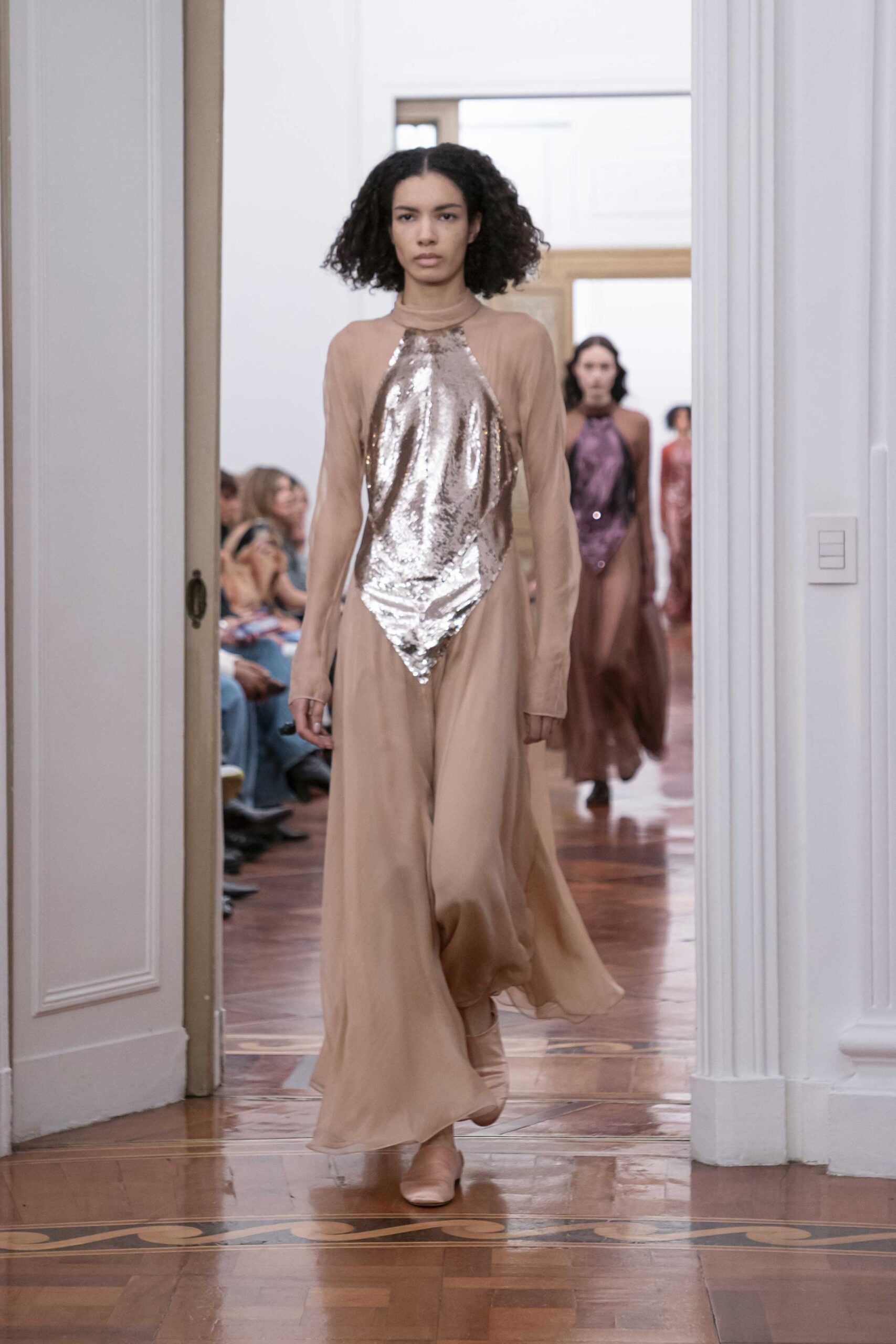 beige silk long-sleeve high-neck fitted draped sequined gown