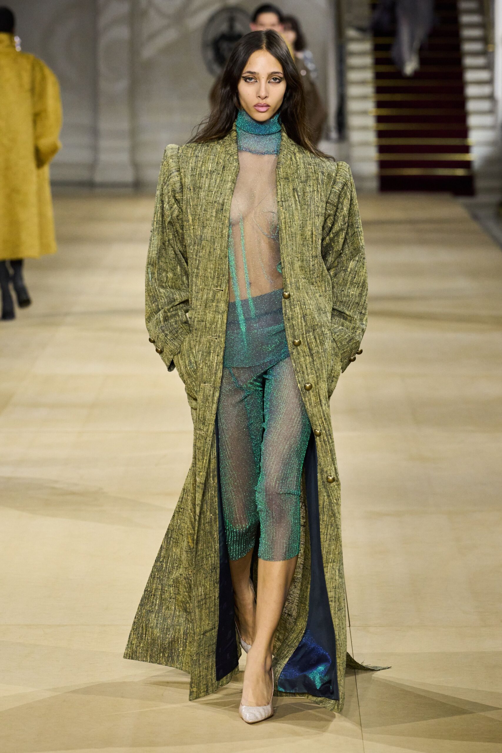 green silk coat with mesh top