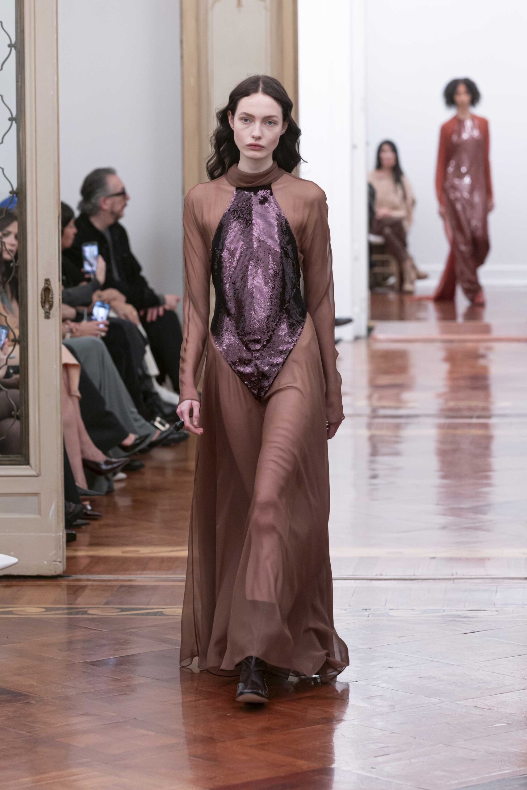 brown silk long-sleeve high-neck fitted sequined gown