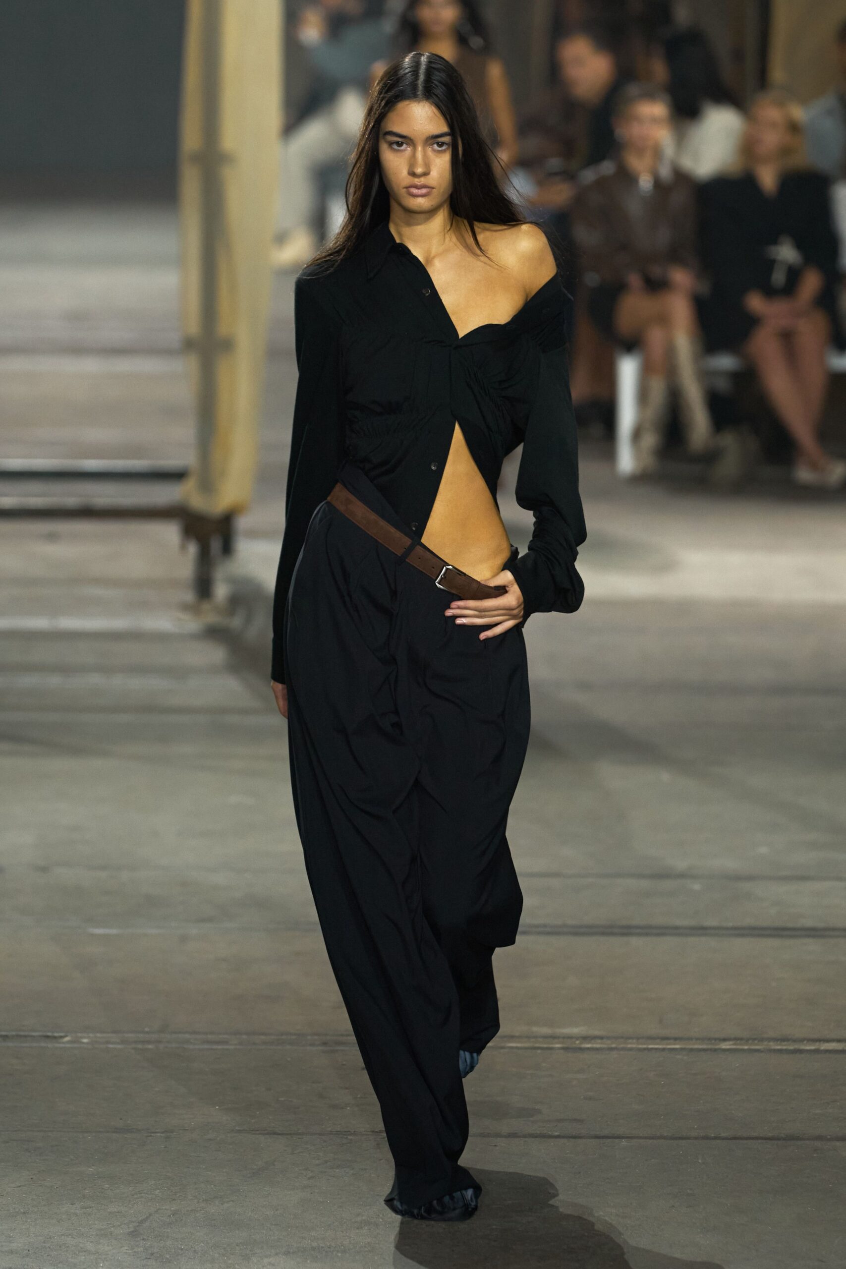 black fitted shirt and relaxed pants