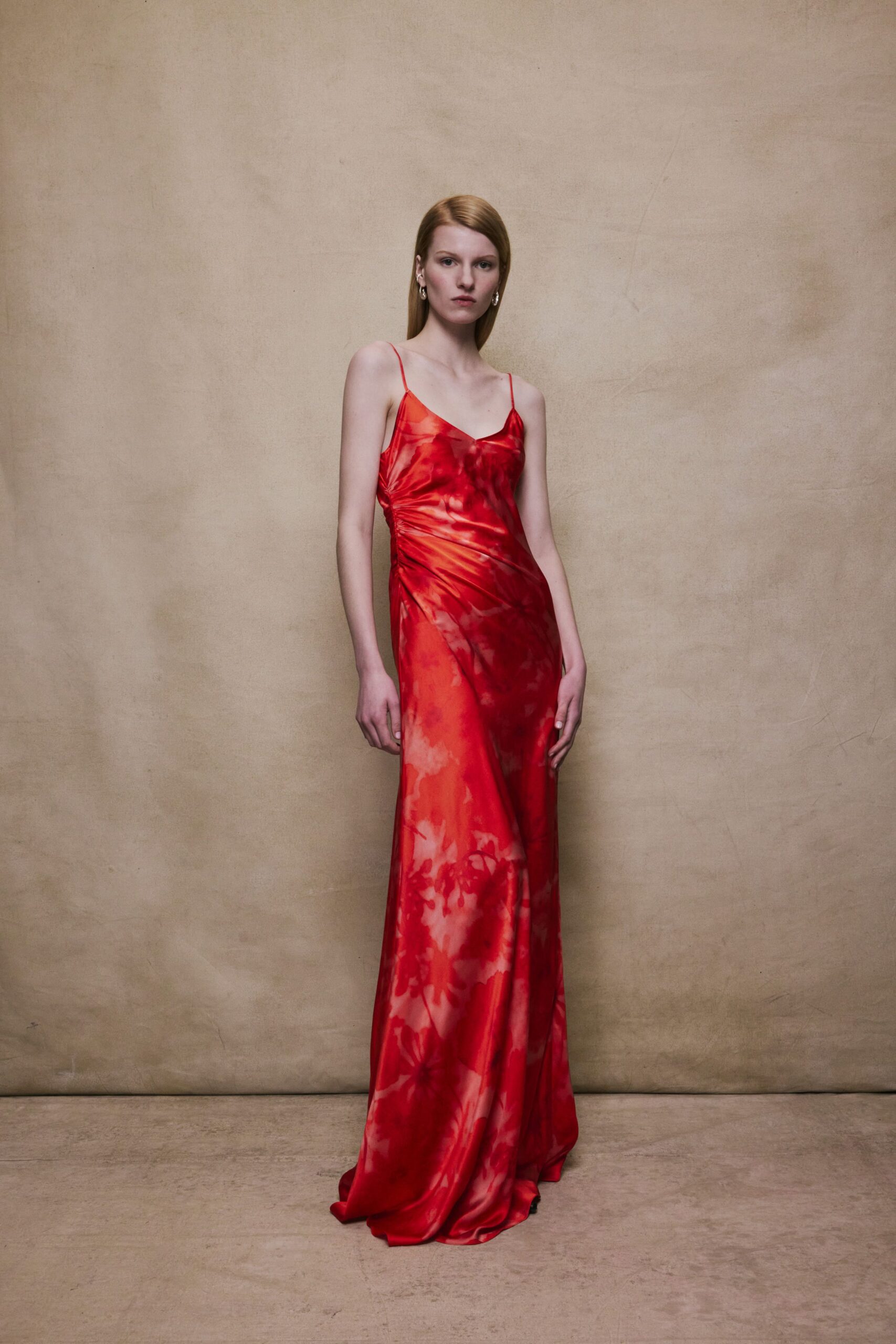 fitted red silk gown