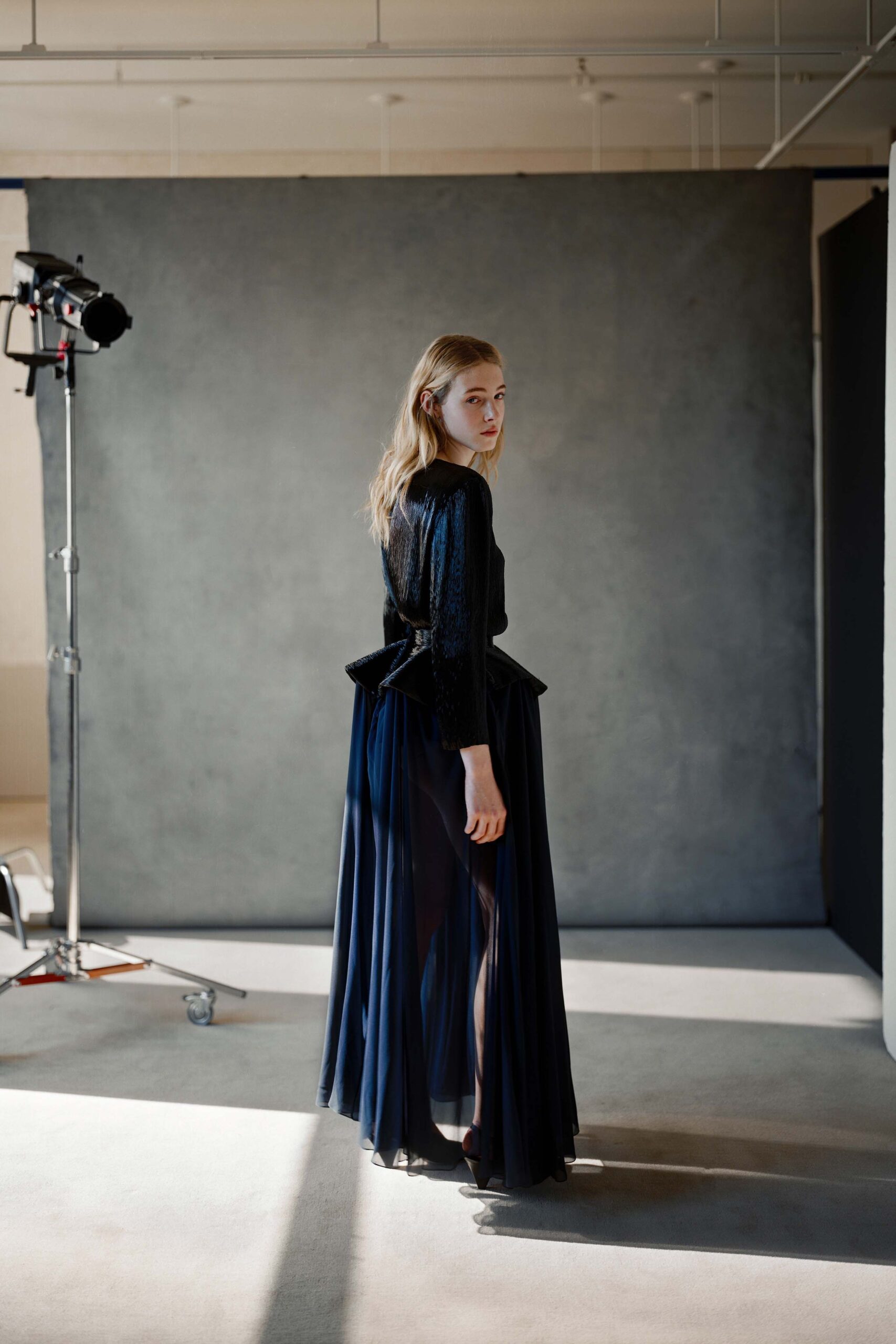 black and blue silk gown