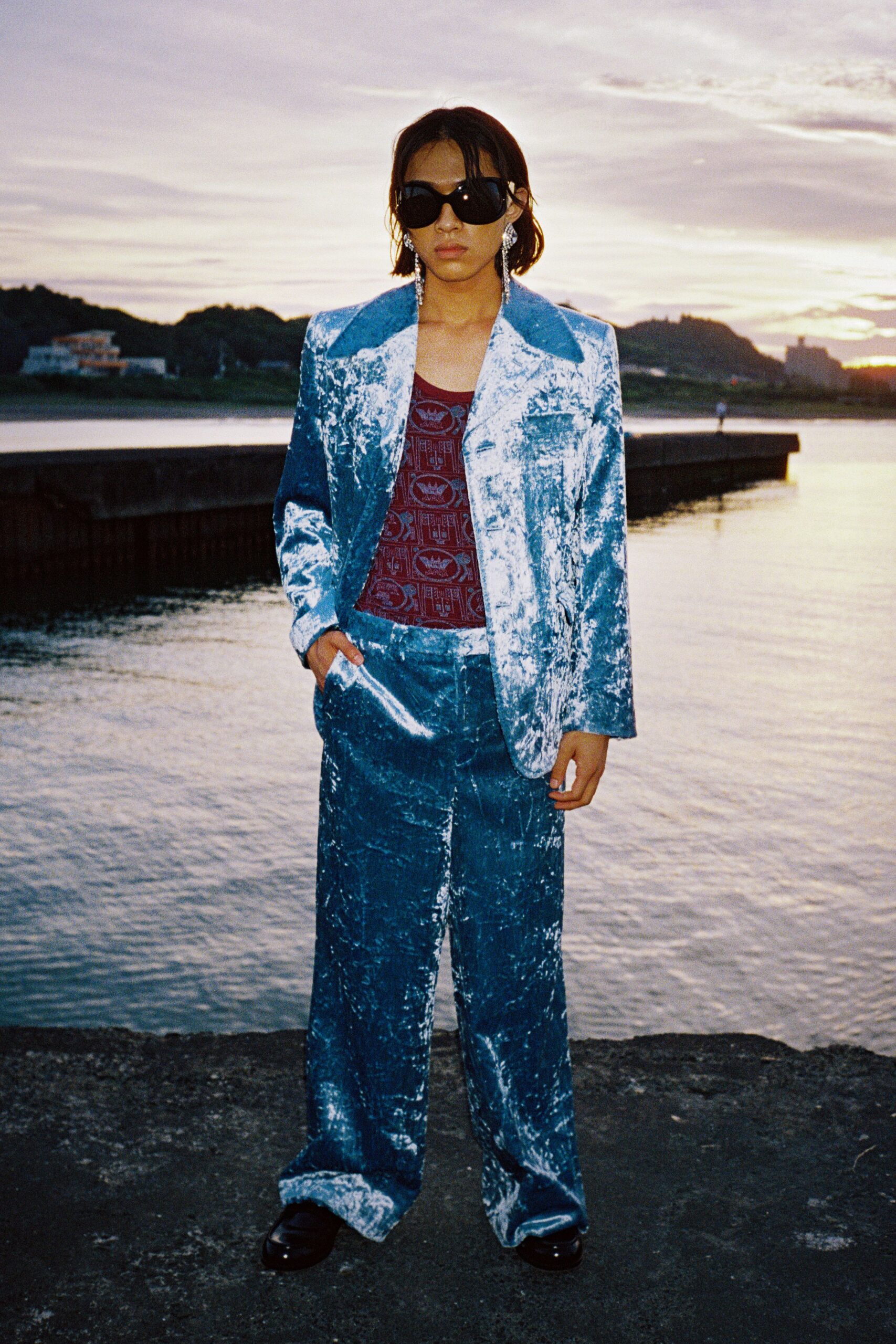 blue velvet relaxed printed wide-leg shiny textured pants