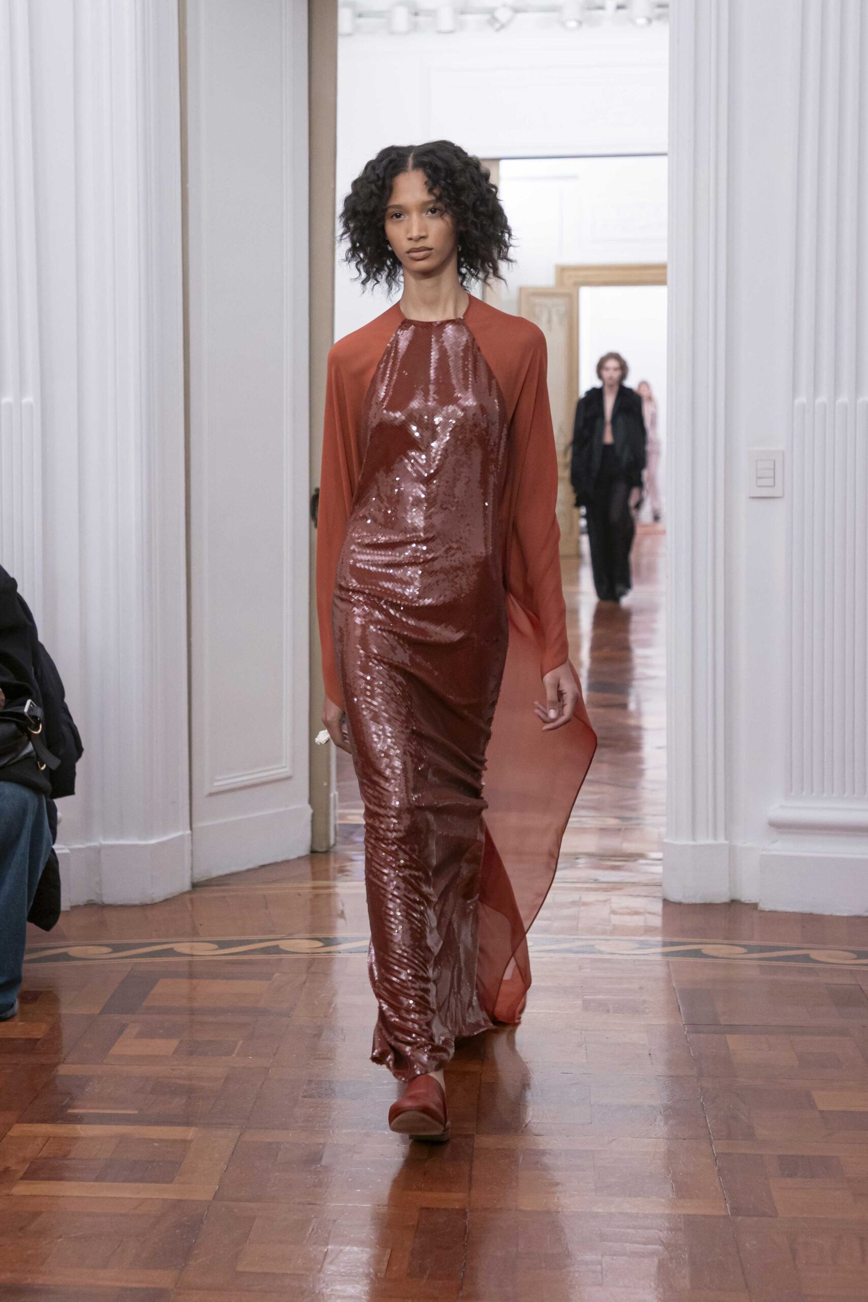 red silk sleeveless high-neck fitted sequined draped gown