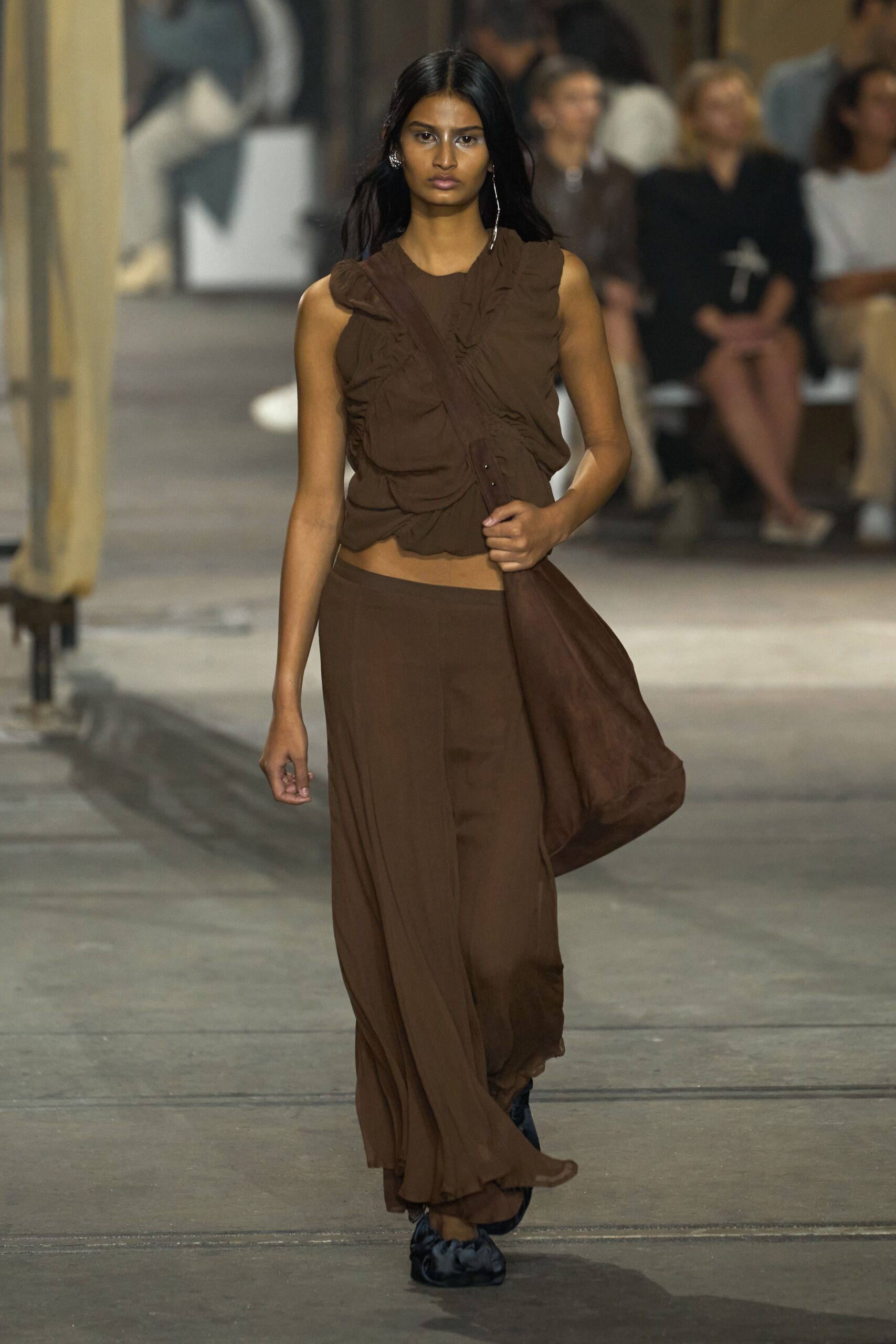 brown cotton sleeveless fitted ruched top
