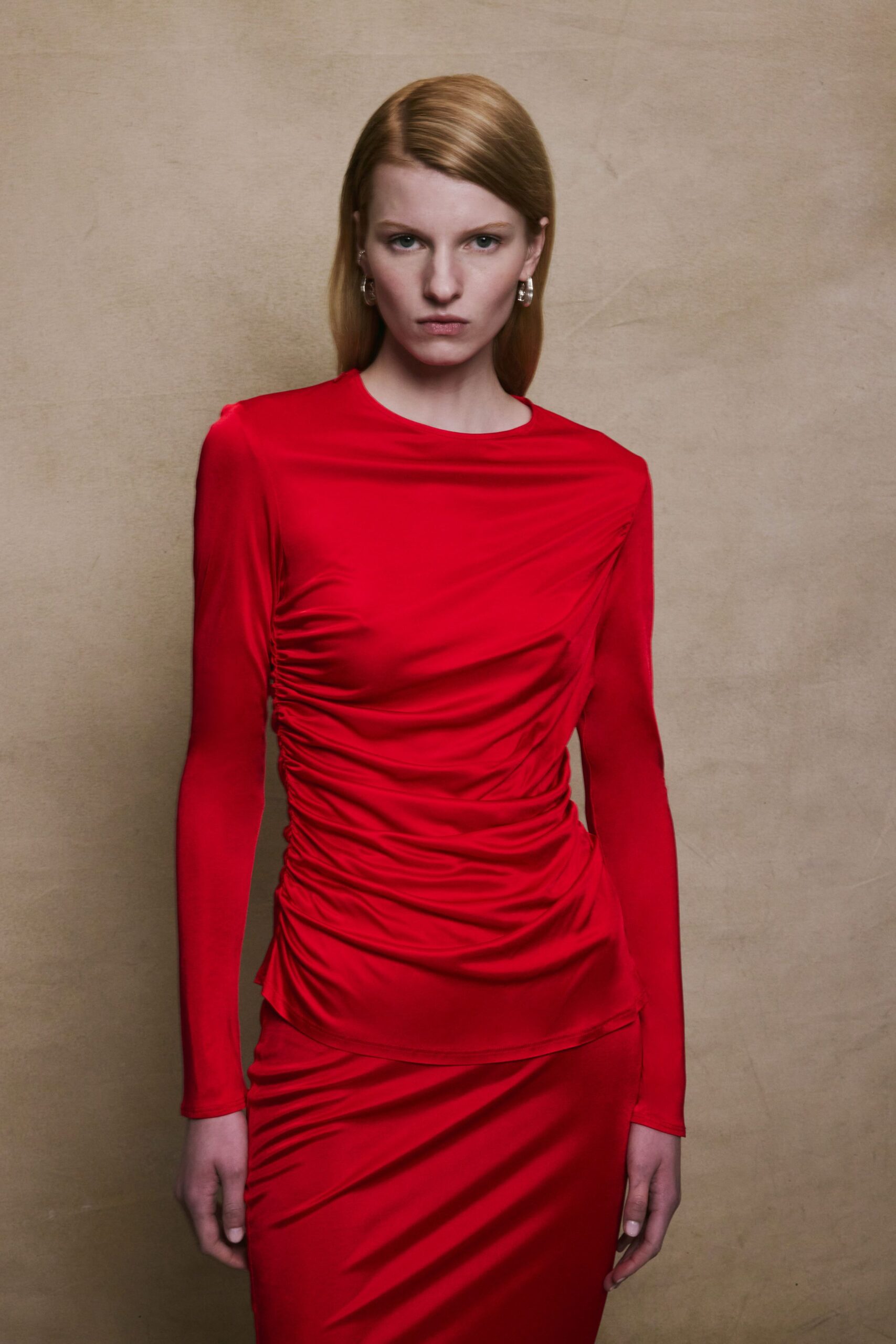 fitted red silk midi dress