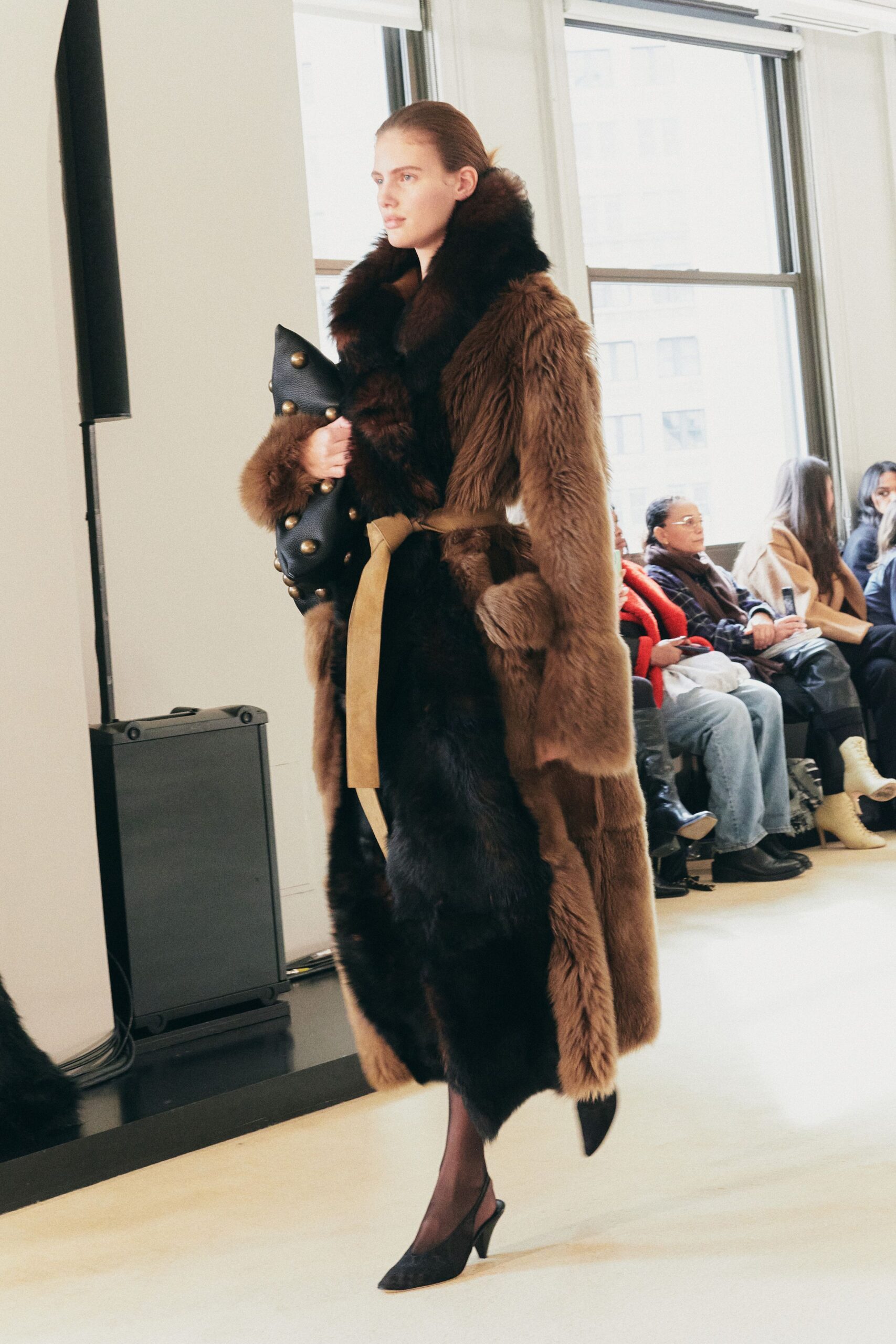 brown fur relaxed belted maxi coat