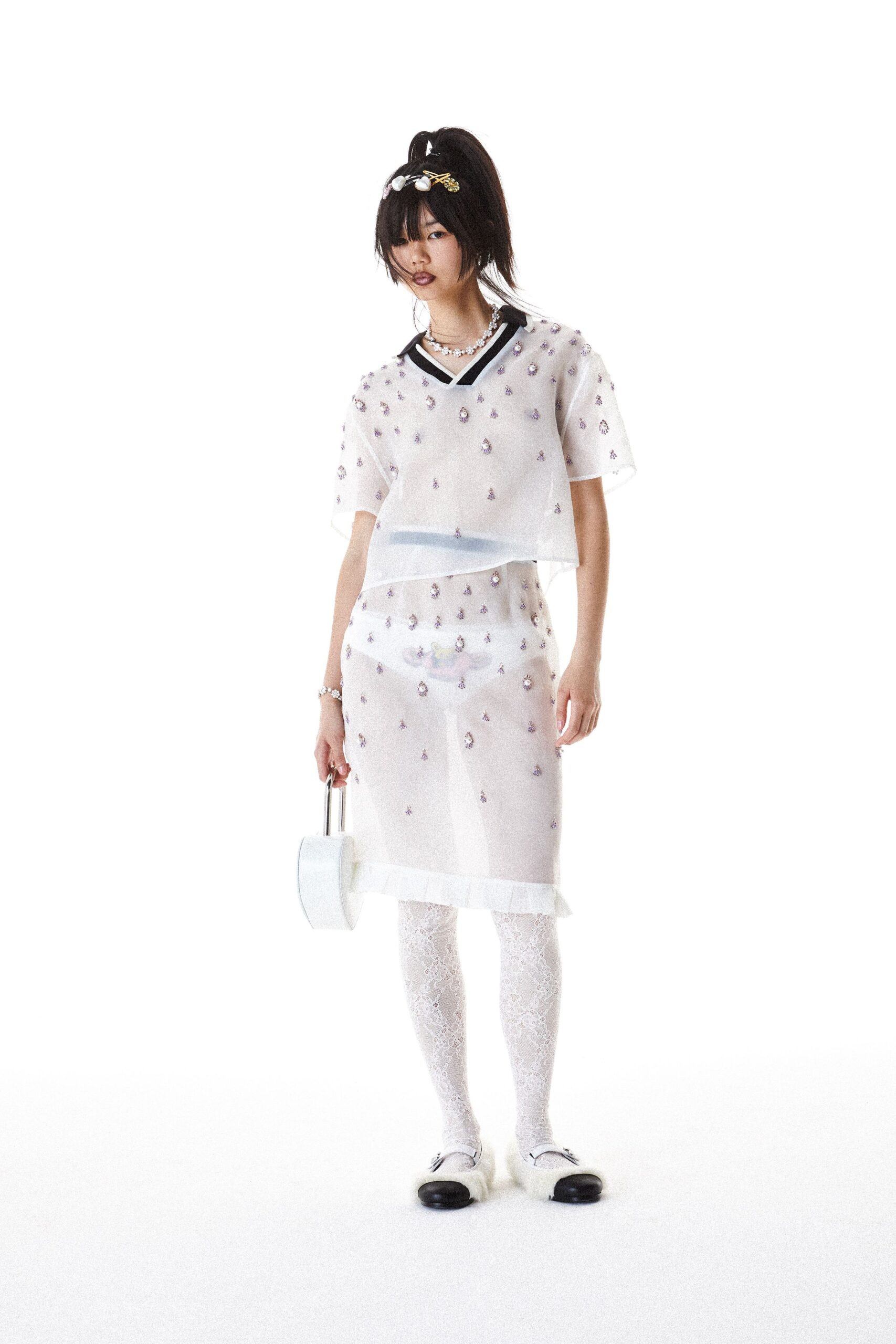 white mesh fitted embroidered tiered sheer mini skirt