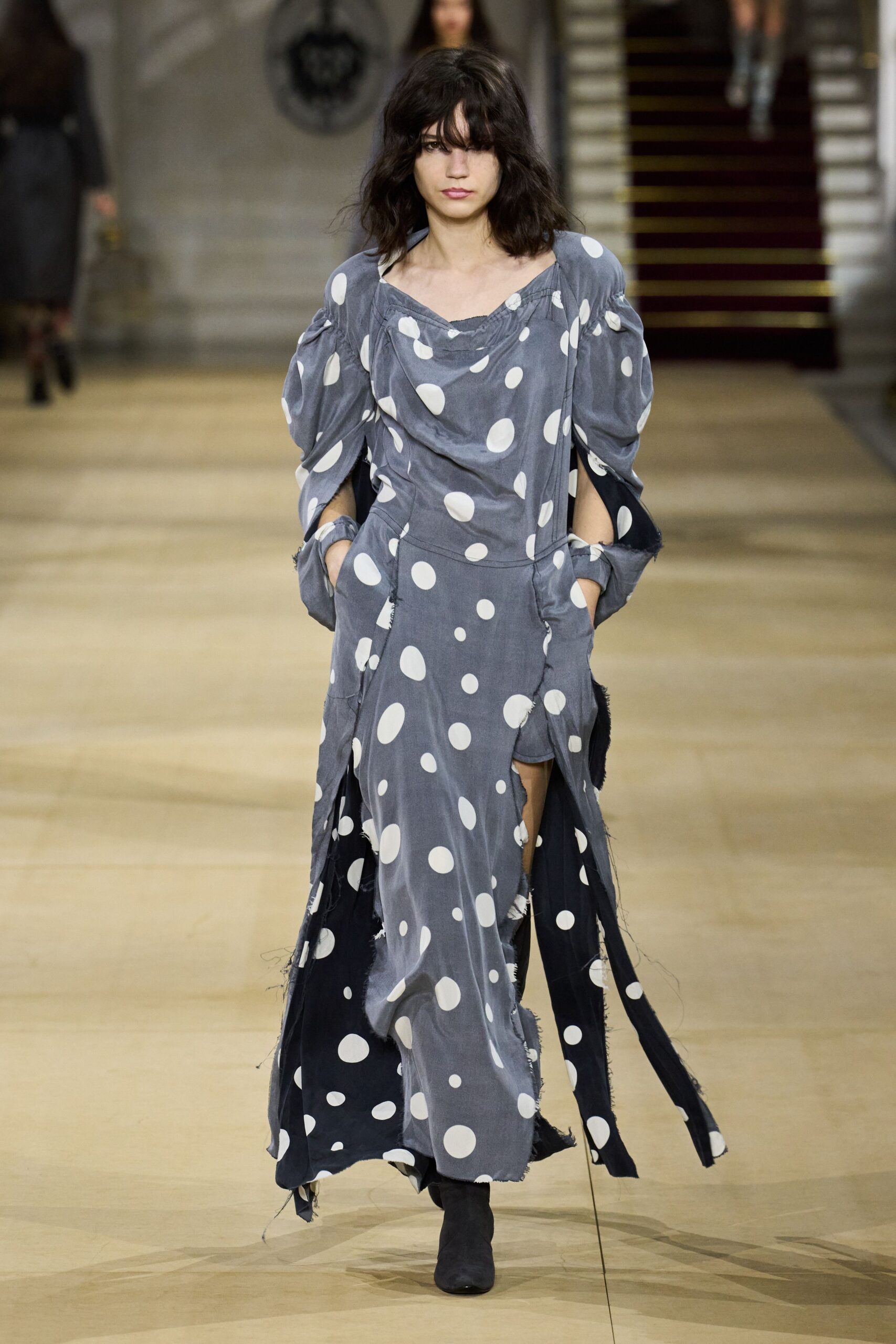 gray polka-dot maxi dress with boots