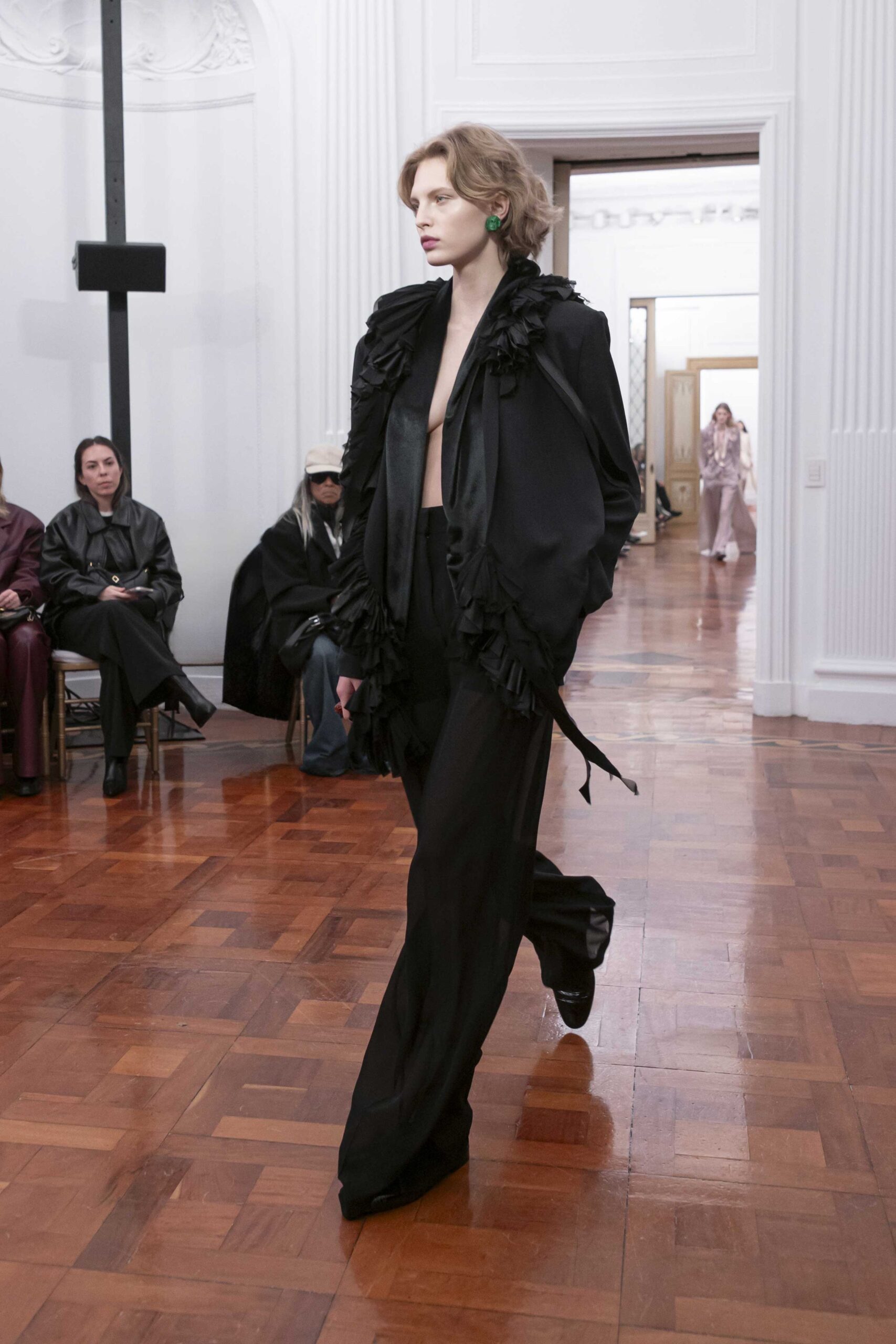 black silk ruffled jacket and pants