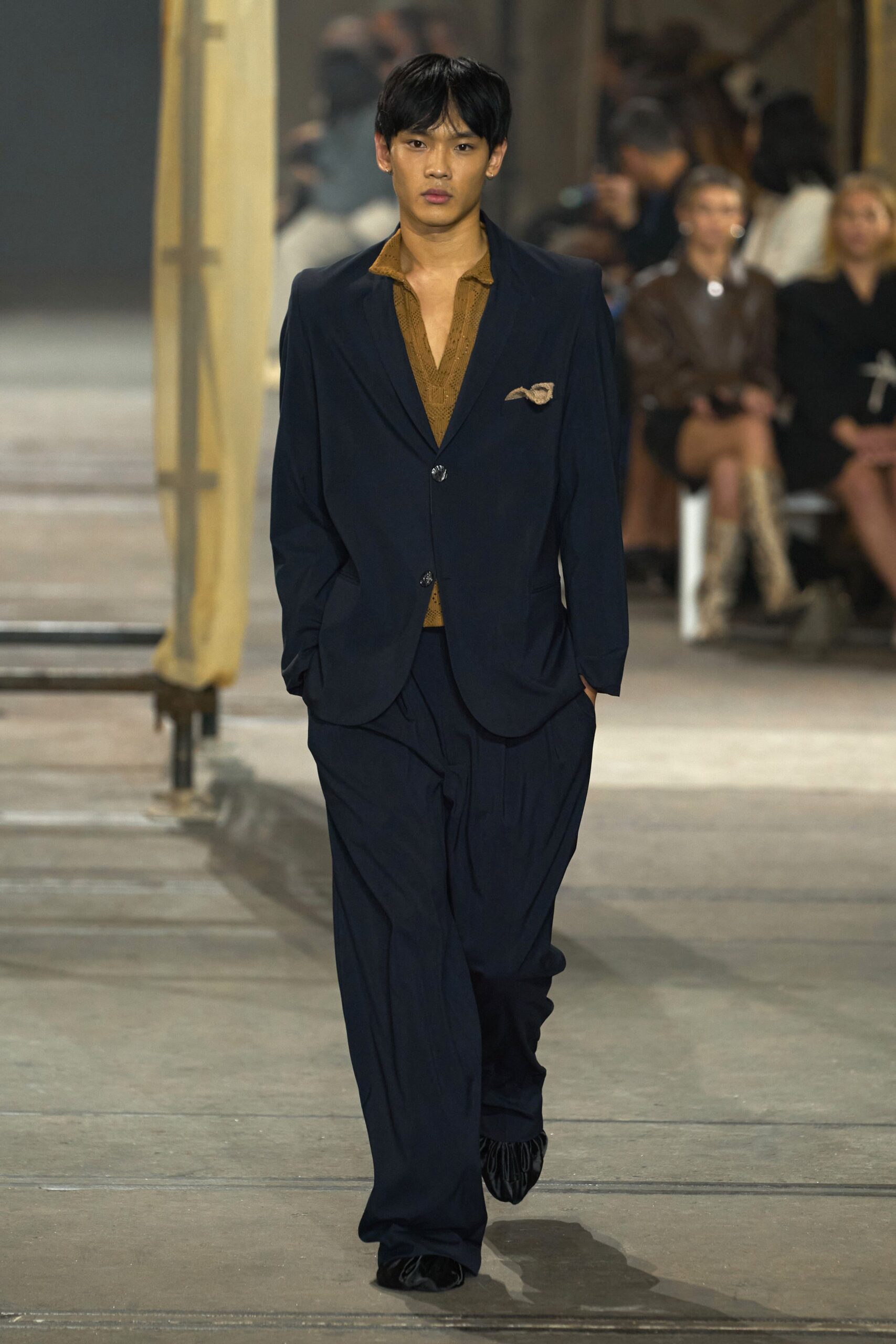 navy tailored suit with brown shirt