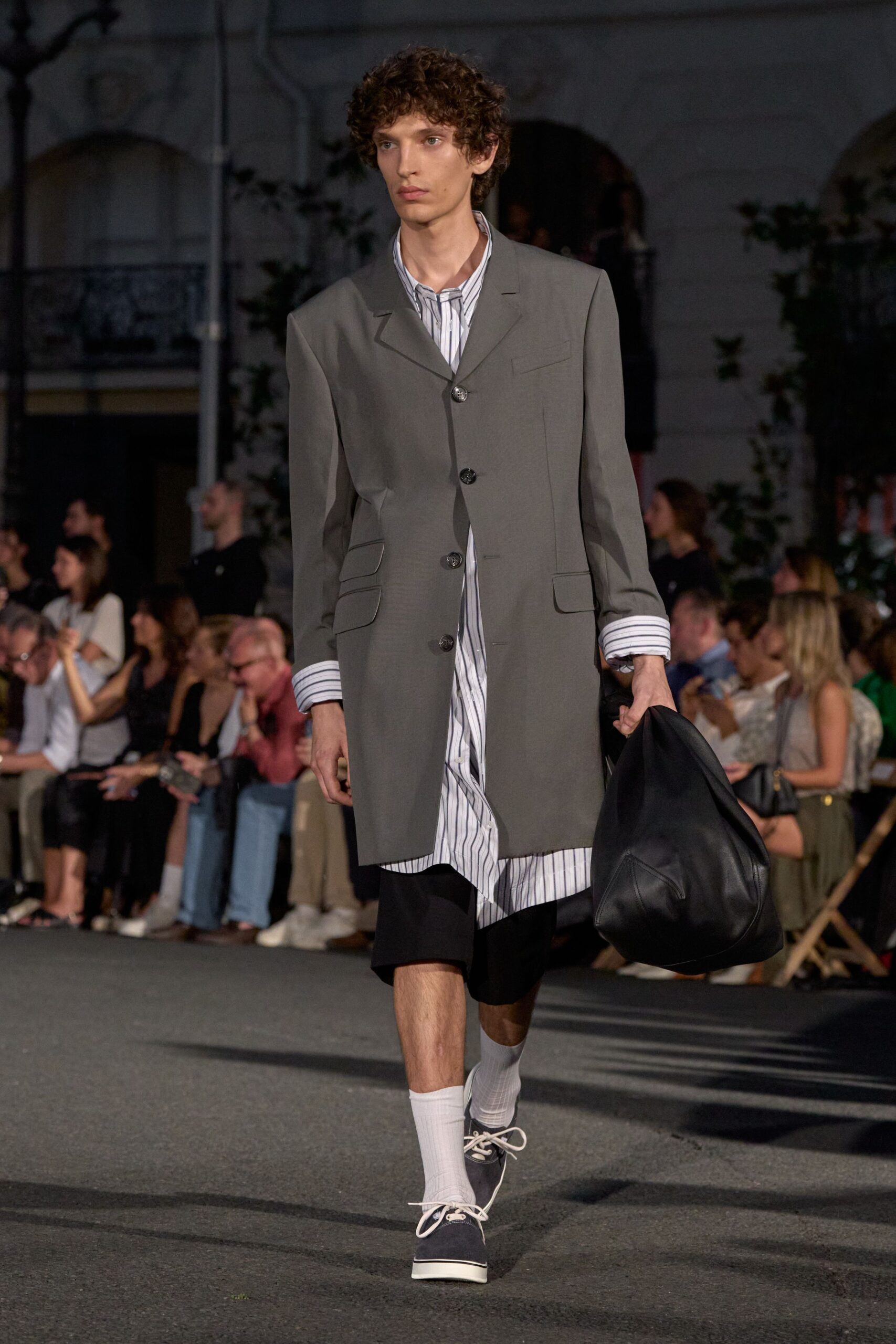 gray blazer striped shirt black shorts
