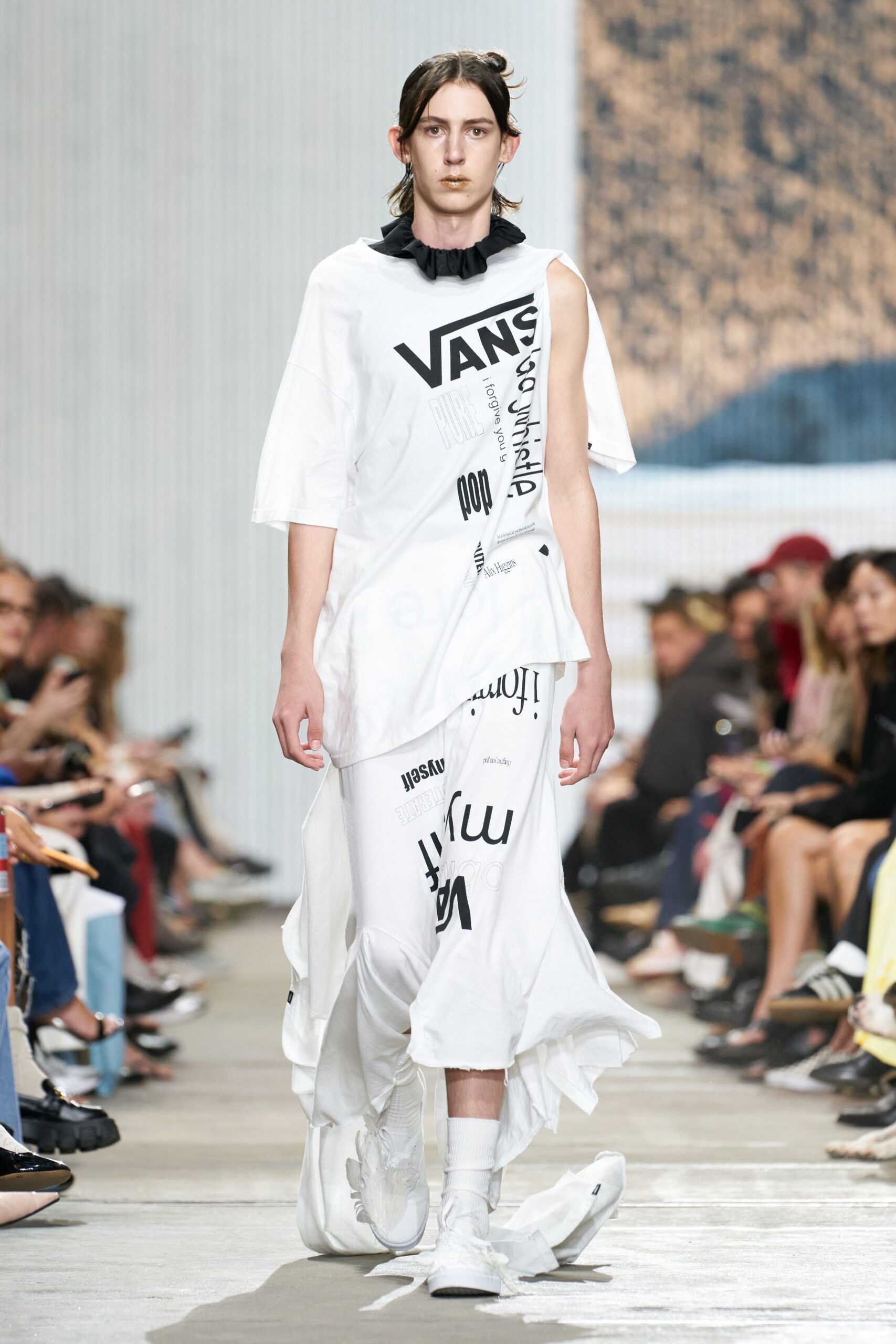 white relaxed asymmetric dress with chunky shoes