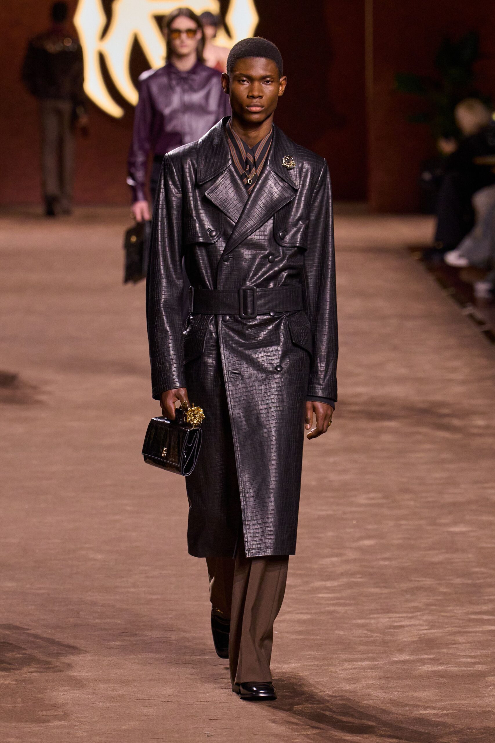 black leather long-sleeve collared fitted belted textured coat