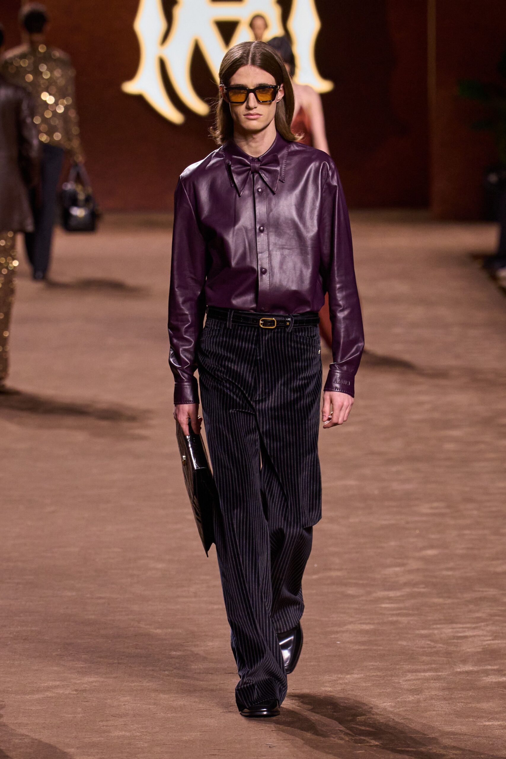 purple leather long-sleeve collared fitted shirt