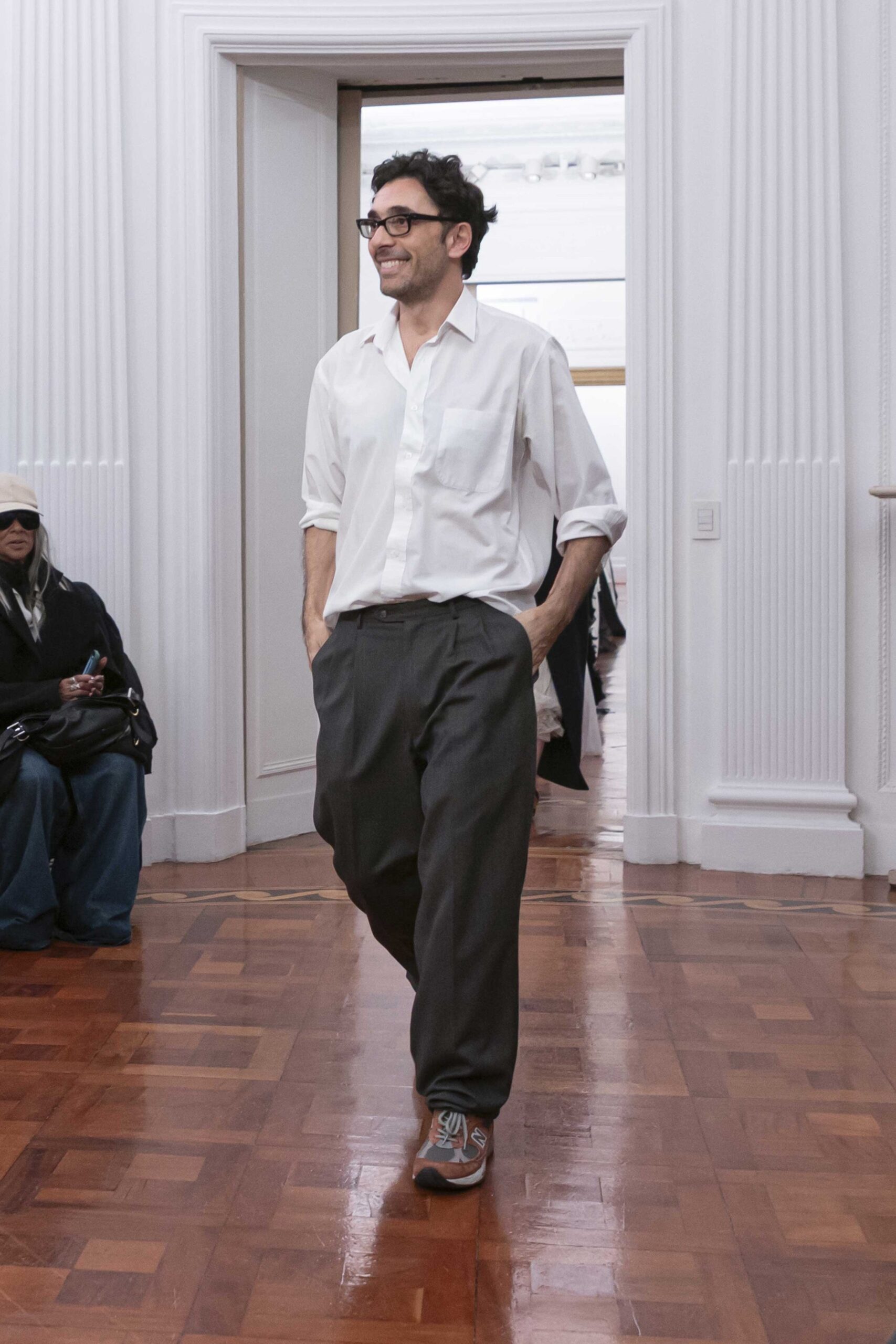 white shirt gray pants multi shoes