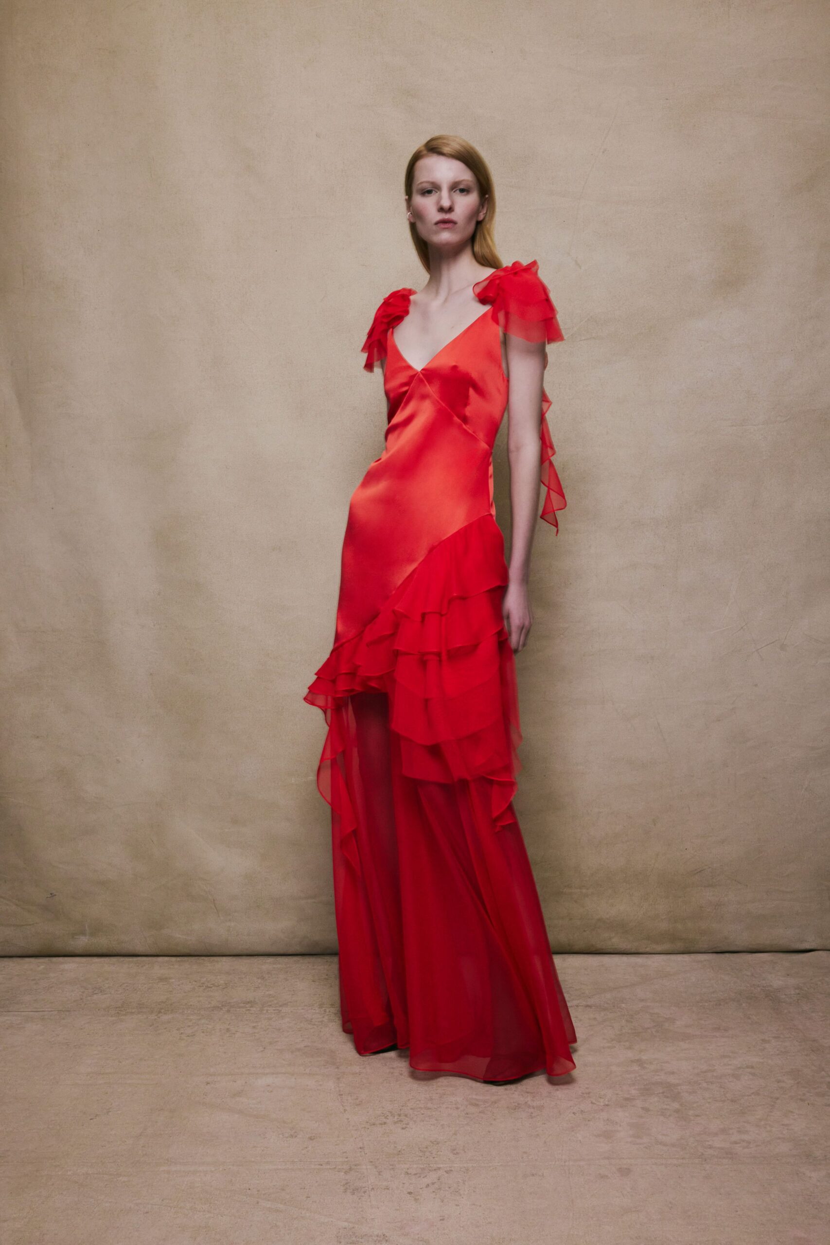 red silk sleeveless gown