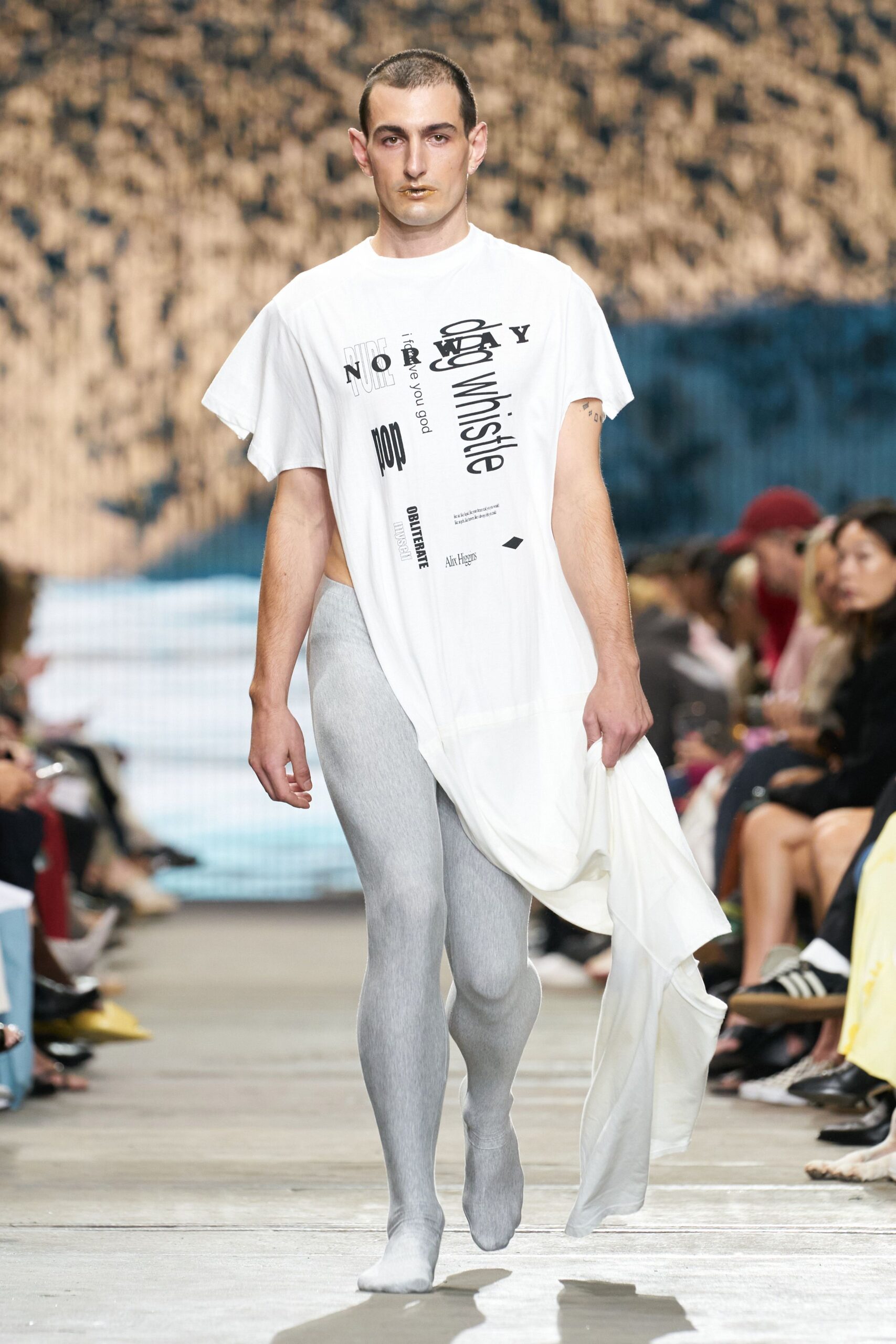white printed t-shirt with gray leggings