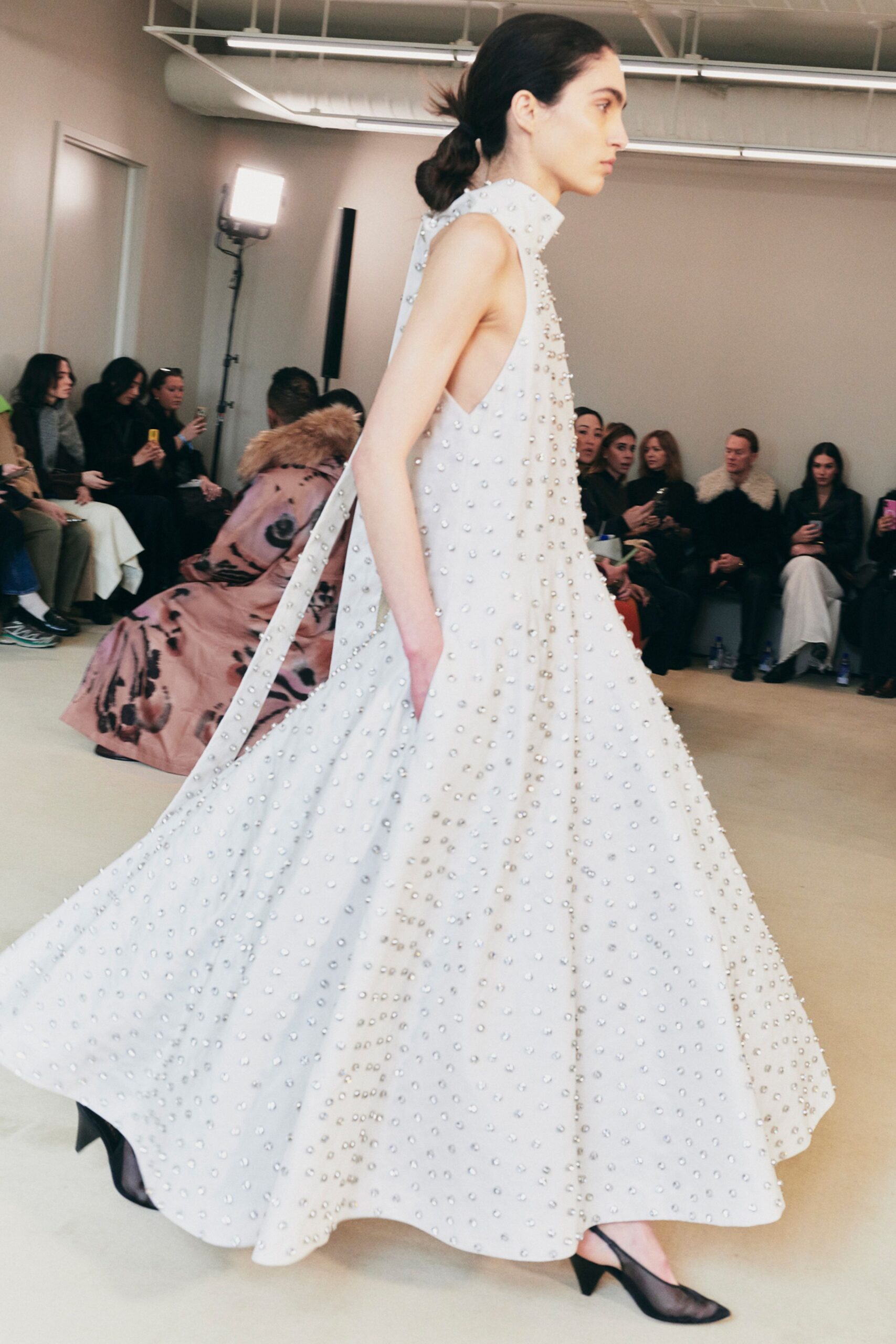 white embellished maxi gown with heels