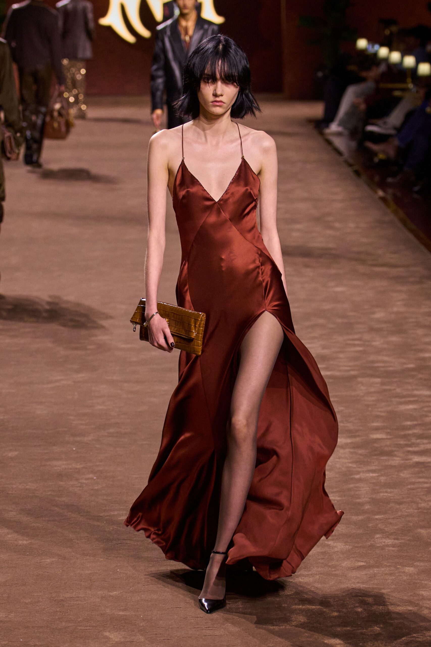 red silk sleeveless v-neck fitted draped flowing gown