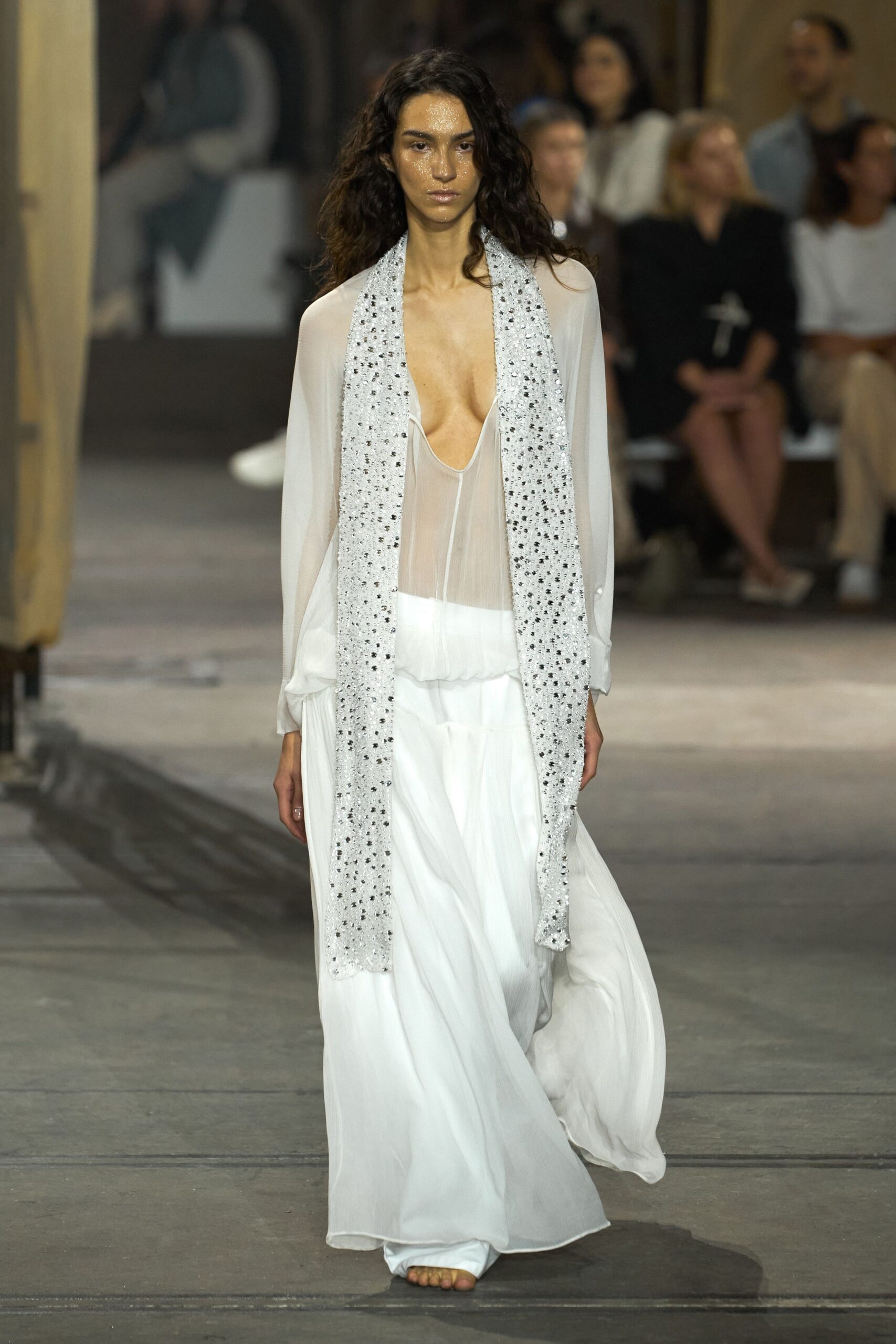 white silk fitted embellished scarf