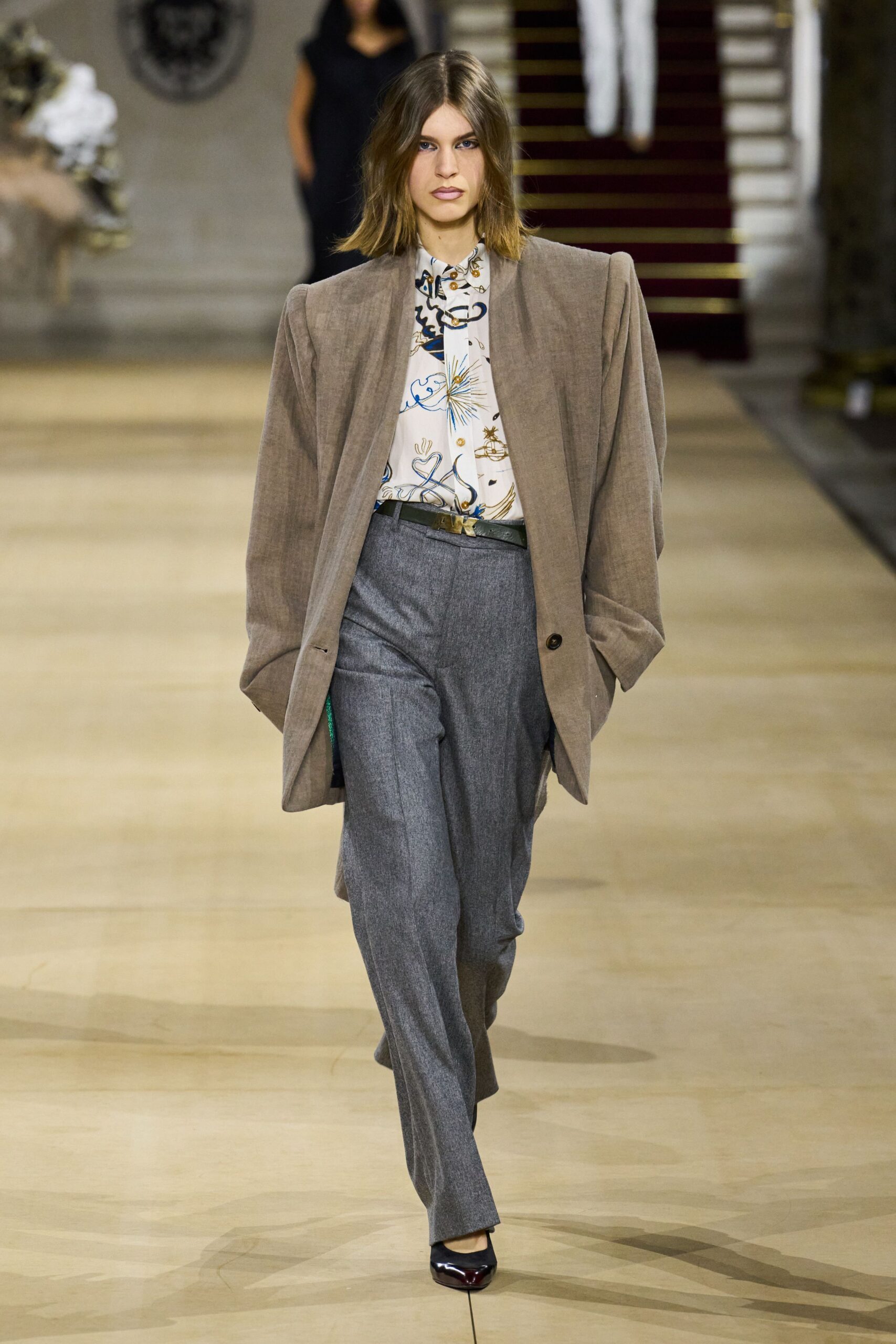 oversized brown blazer with floral shirt
