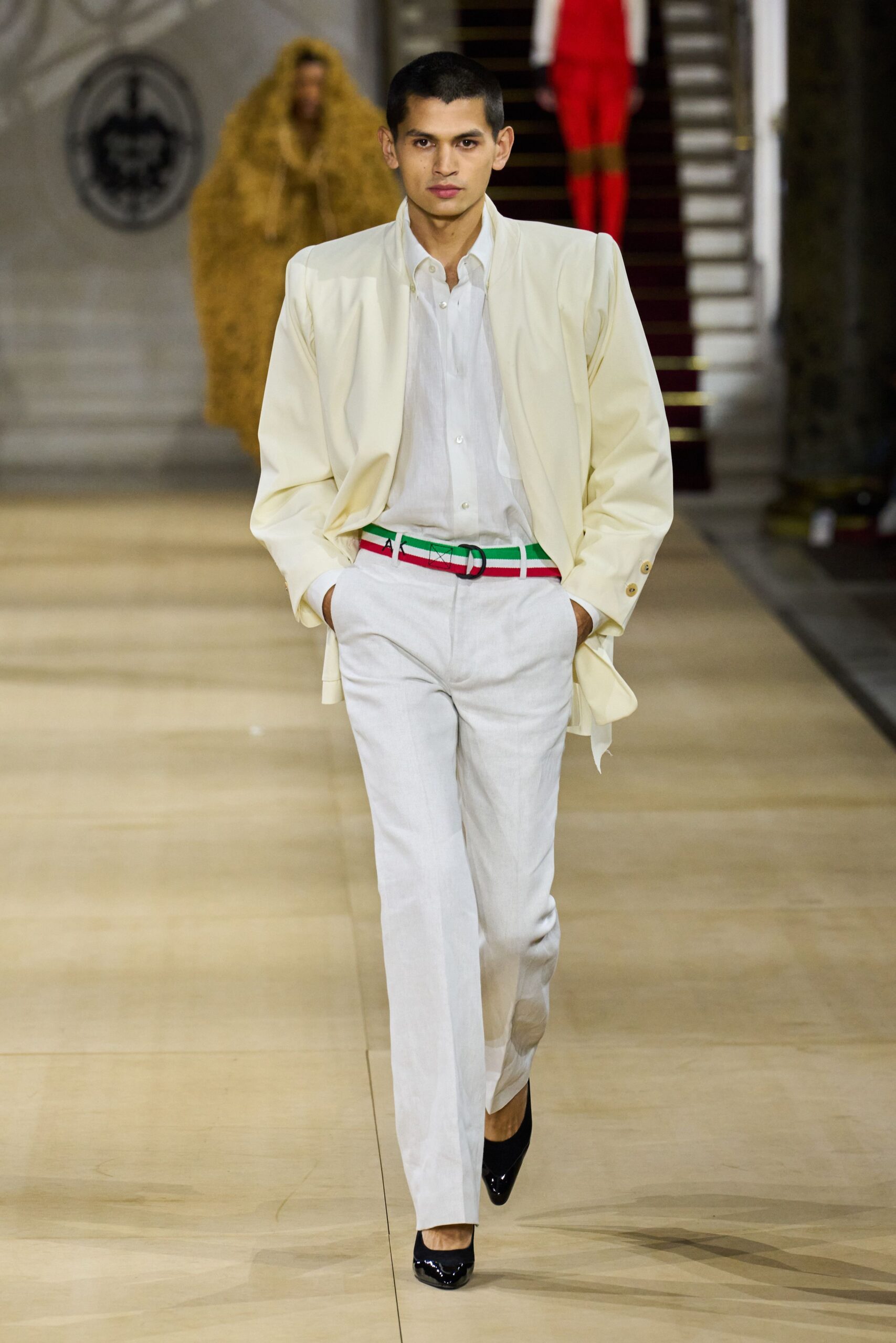 white relaxed shirt beige tailored pants
