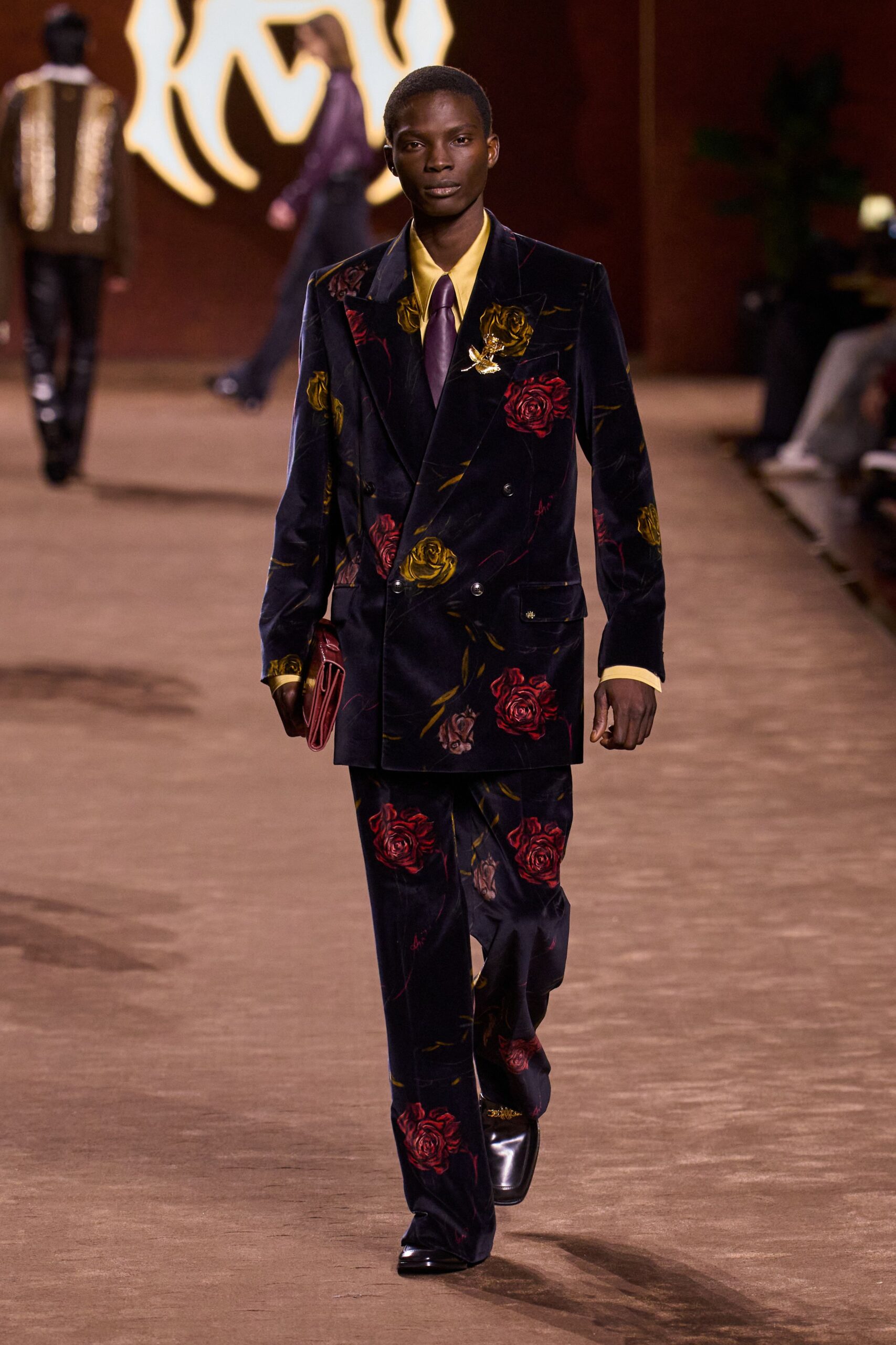 blue velvet long-sleeve collared tailored embroidered suit