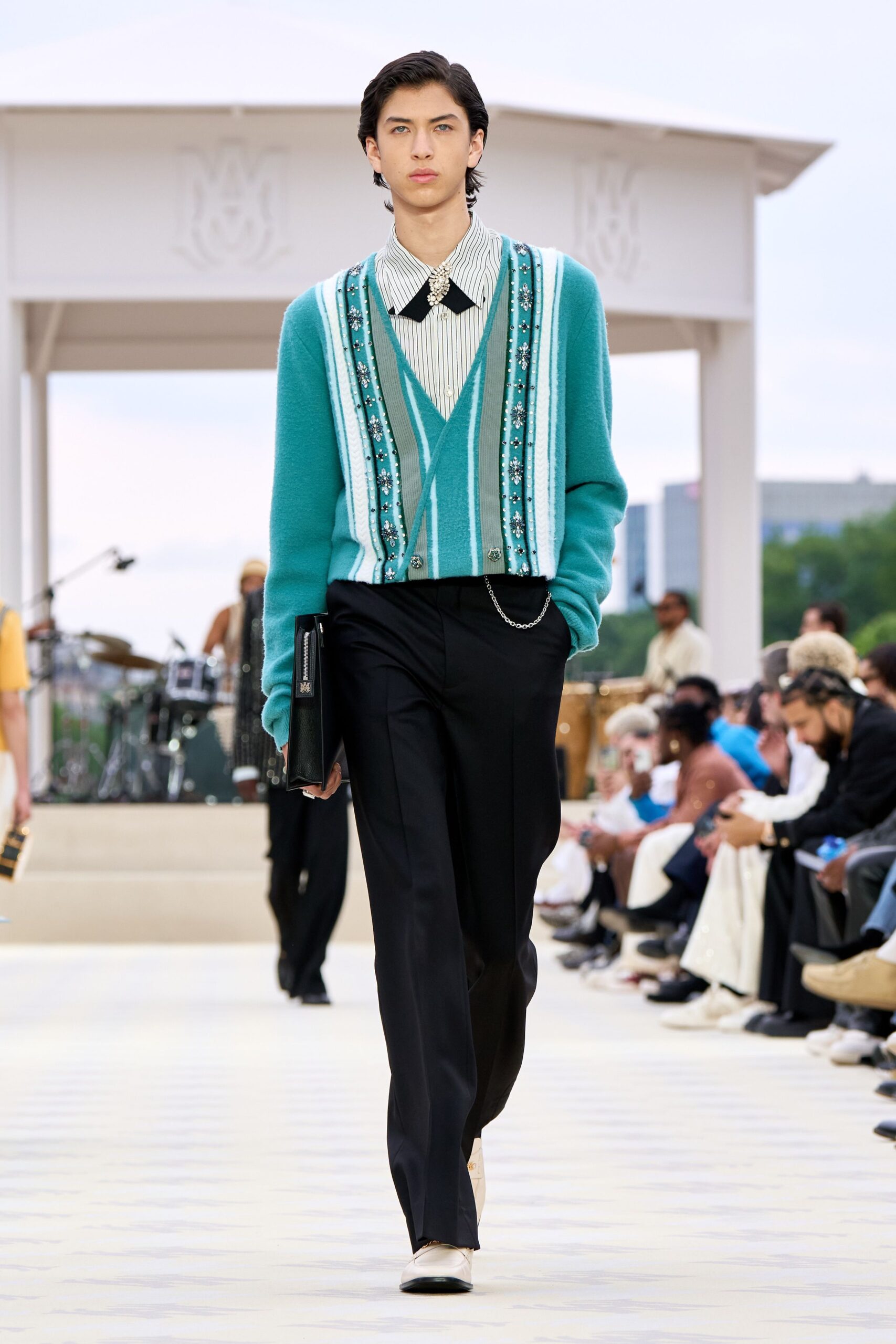 teal wool long-sleeve collared fitted layered sweater