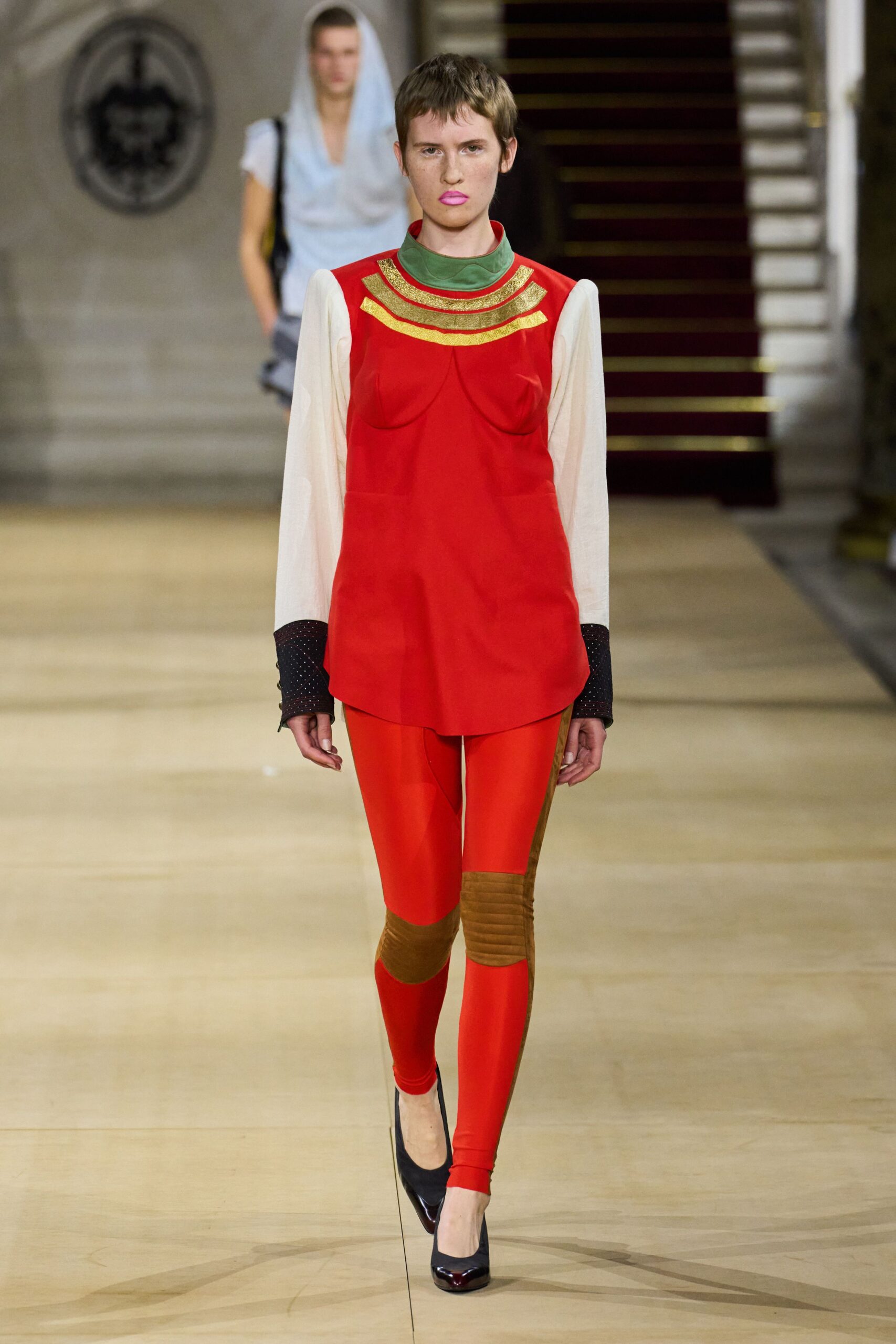 red fitted top with leggings
