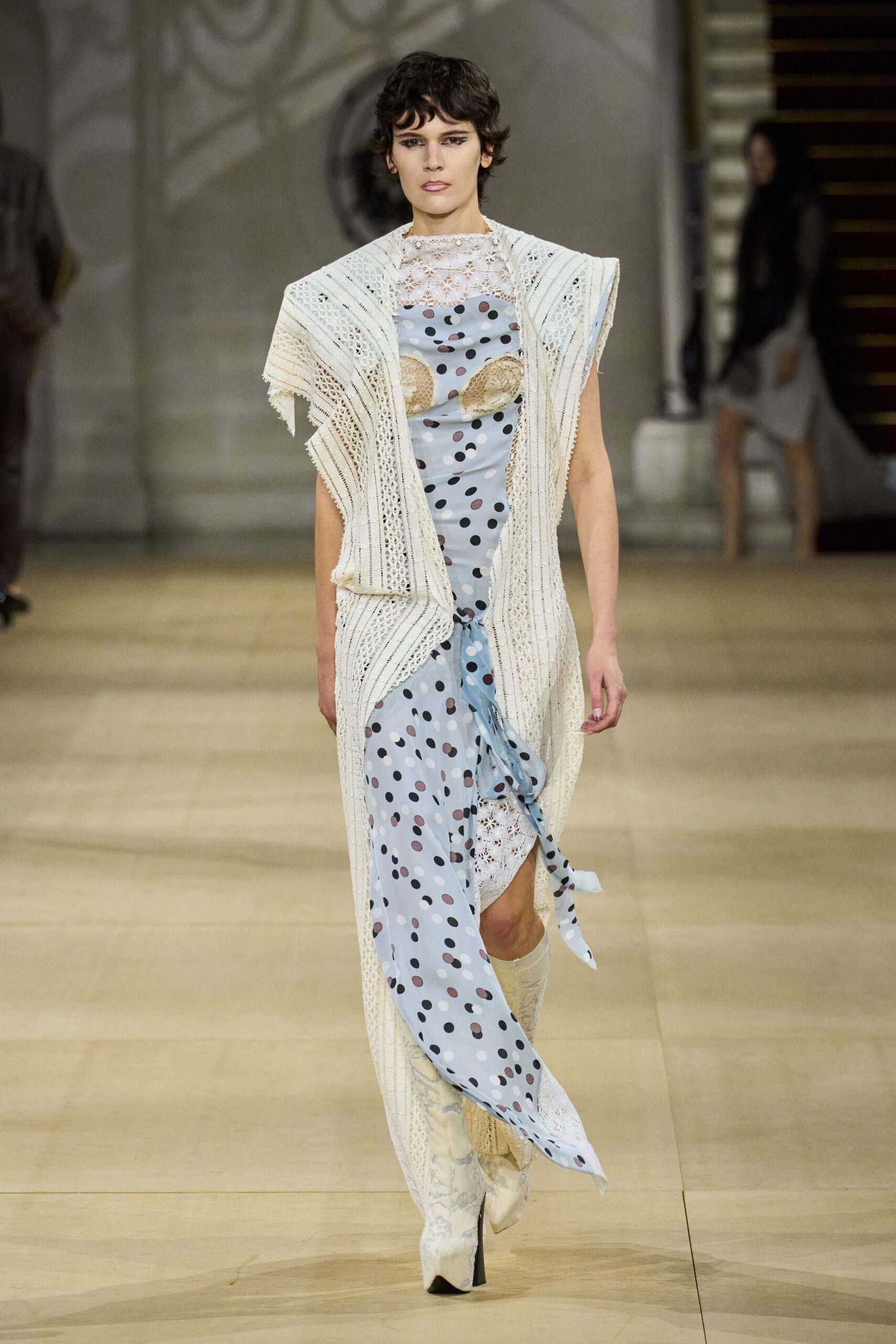 blue polka-dot midi dress with beige shoes